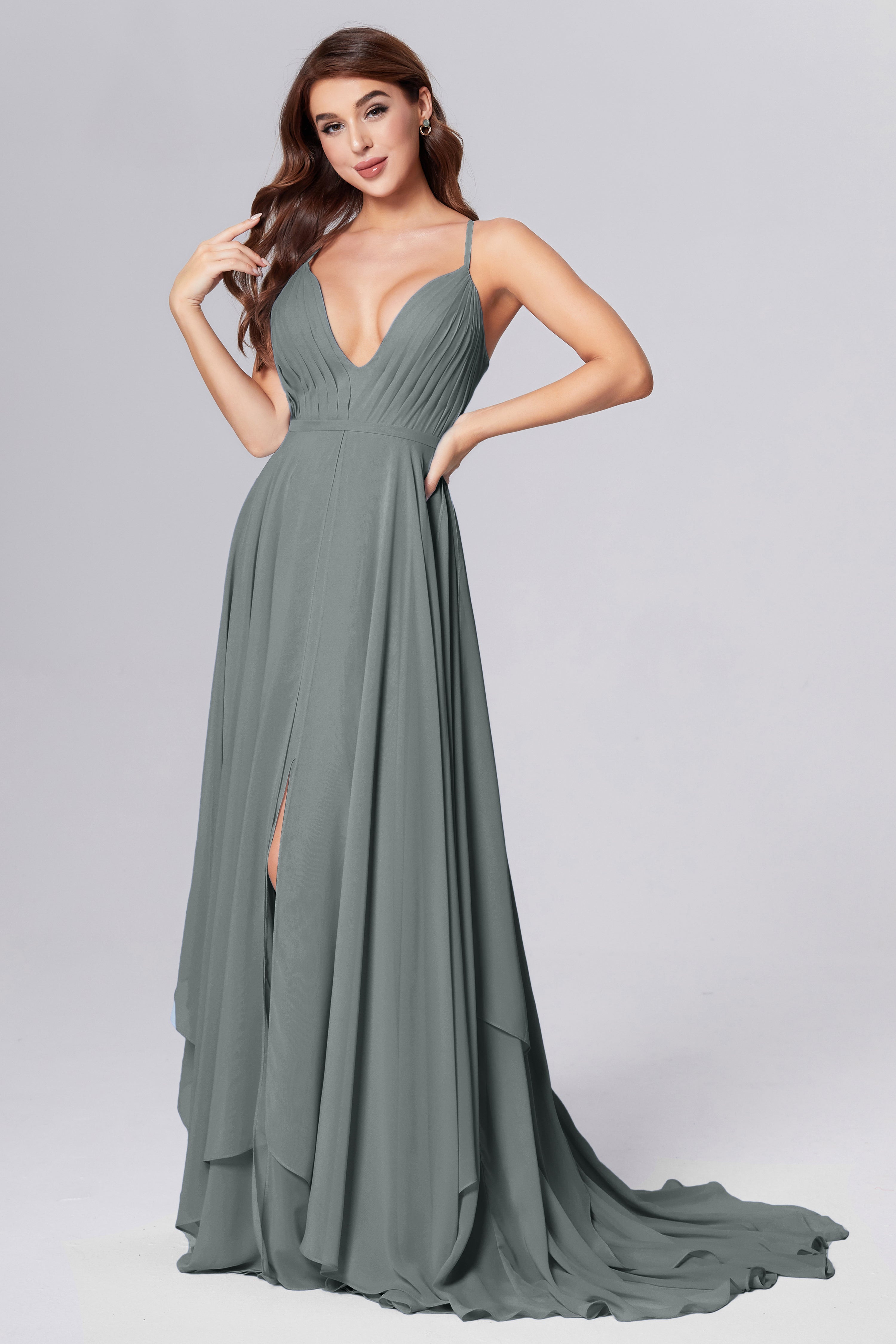 Pleating Chiffon Prom Dresses with Trailing