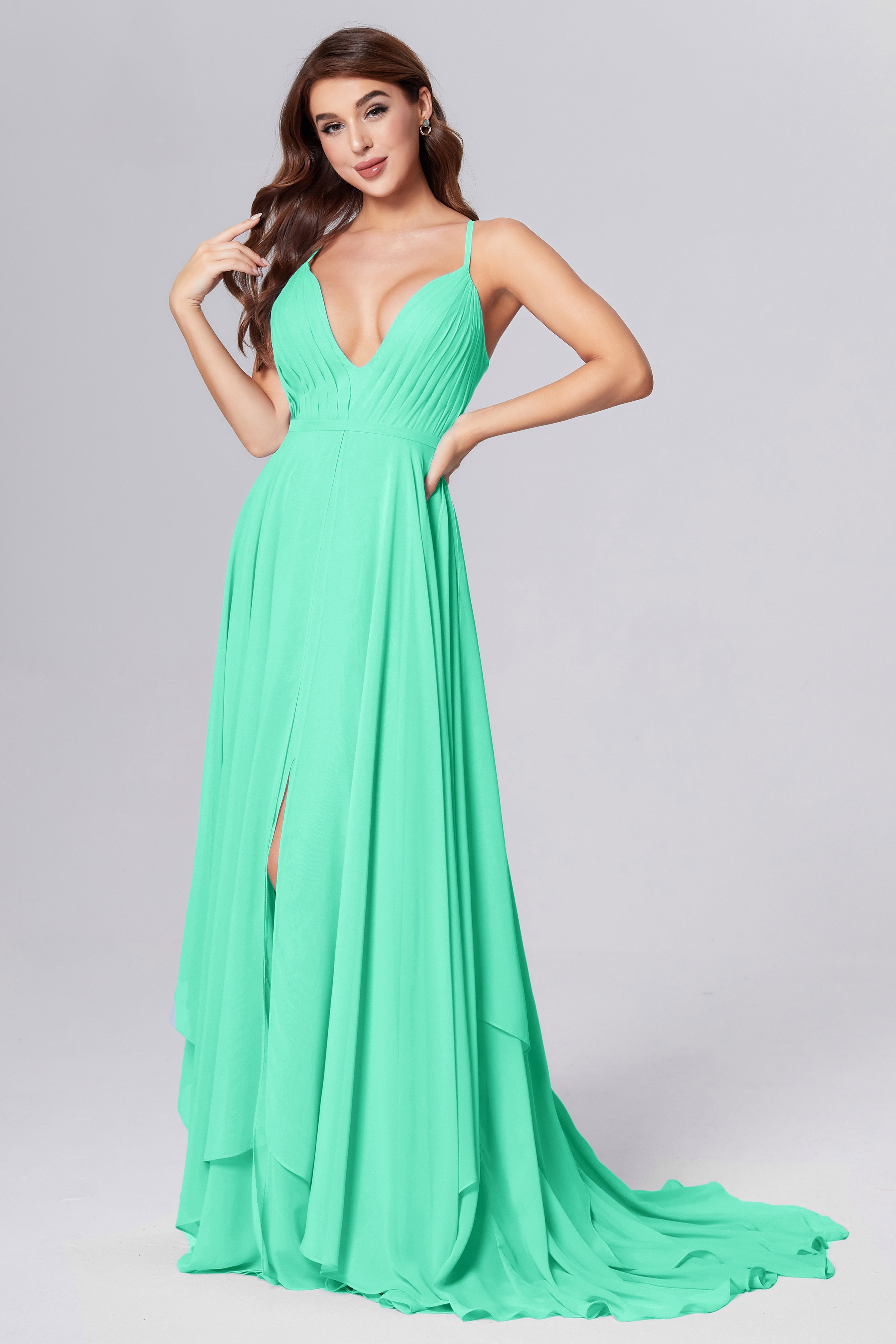 Pleating Chiffon Prom Dresses with Trailing