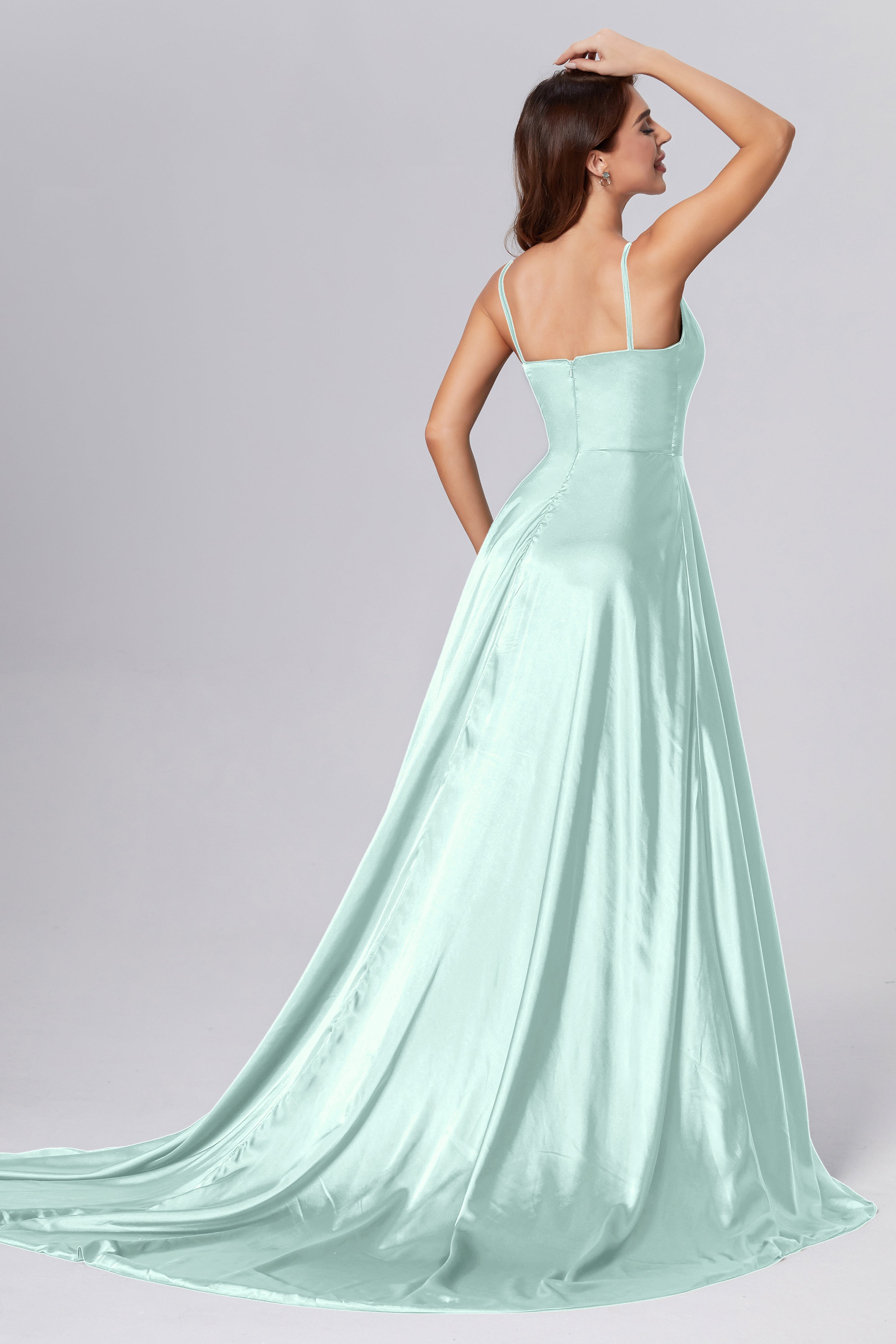 Spaghetti Straps Split Prom Dresses with Trailing