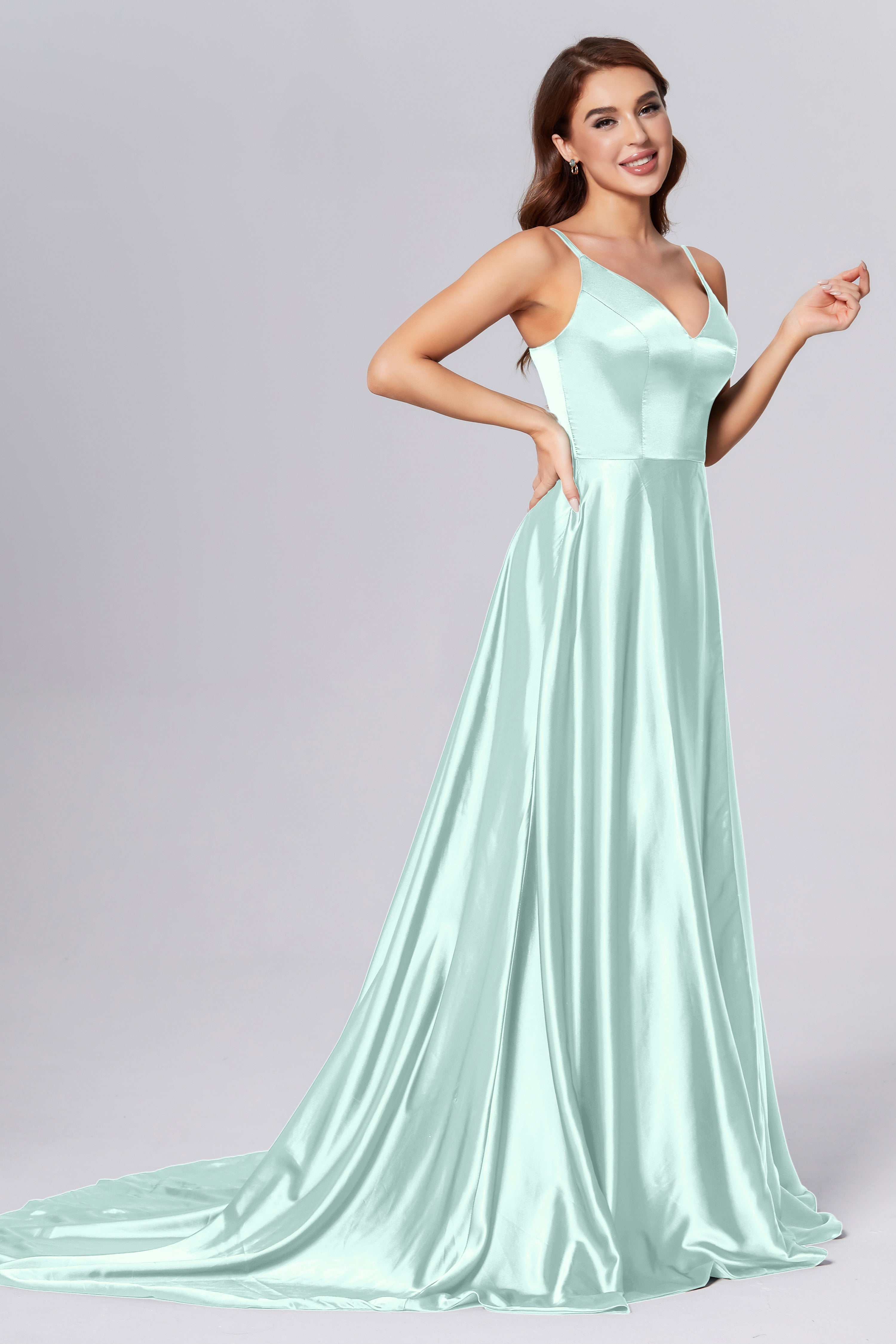 Spaghetti Straps Split Prom Dresses with Trailing