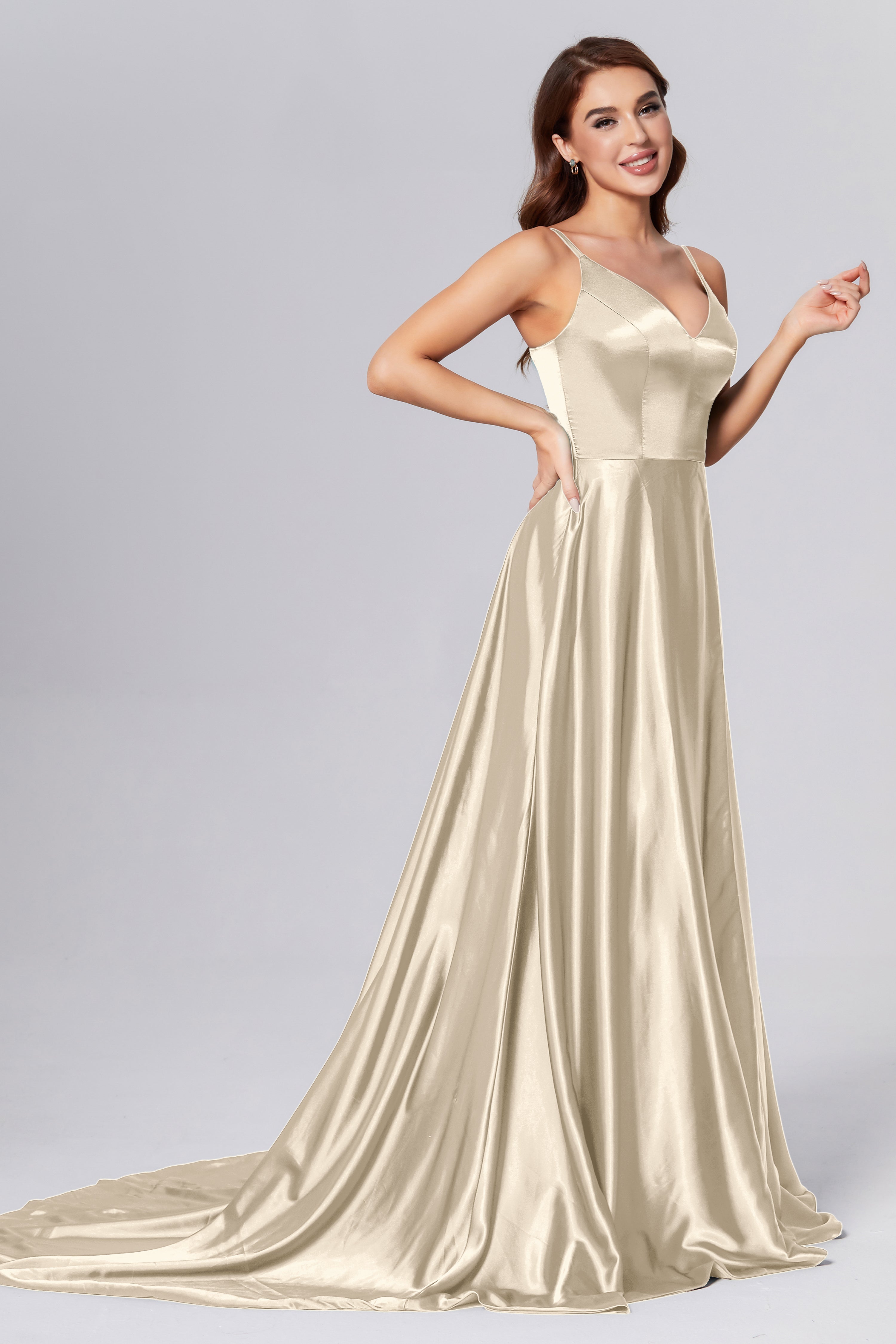 Spaghetti Straps Split Prom Dresses with Trailing