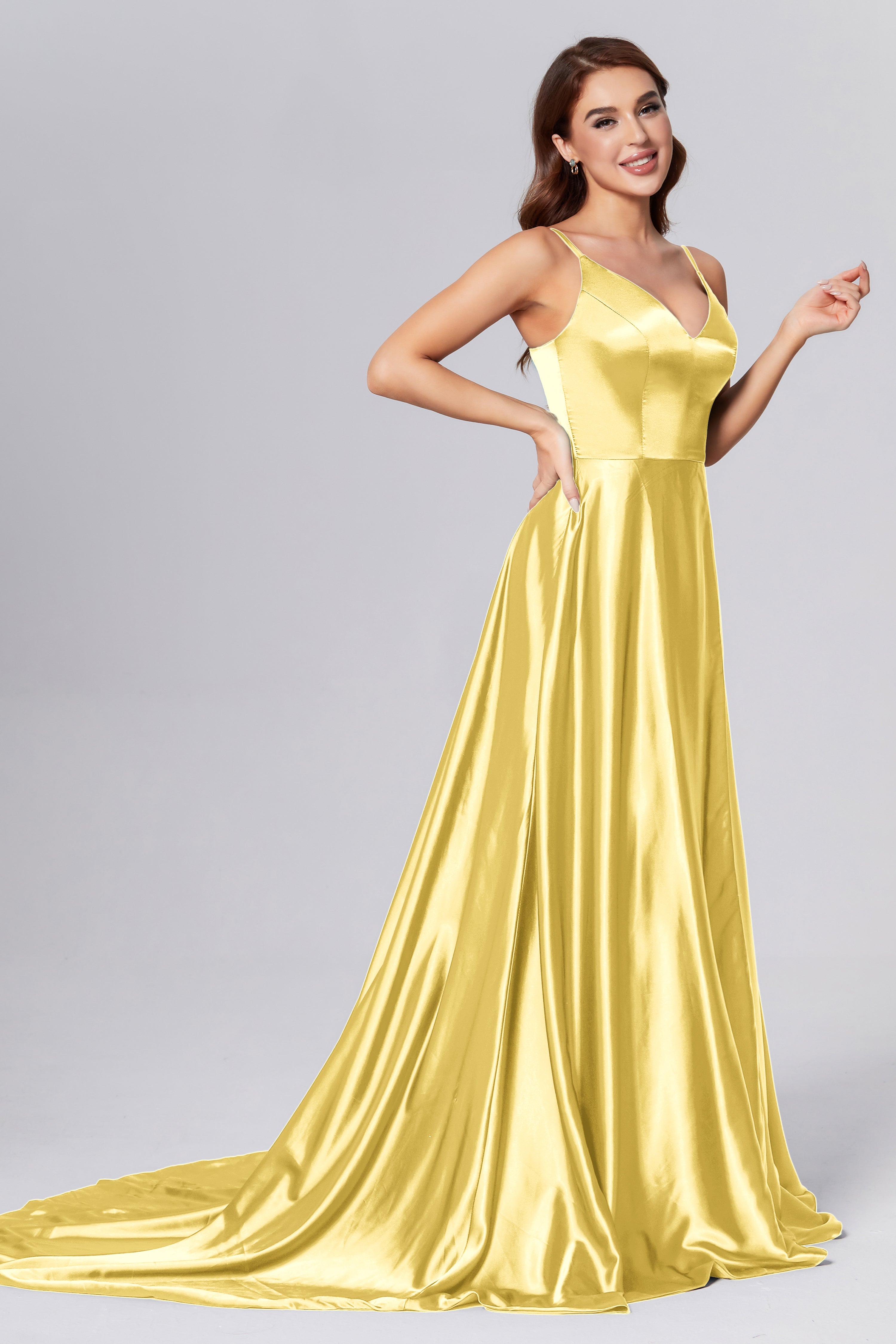 Spaghetti Straps Split Prom Dresses with Trailing