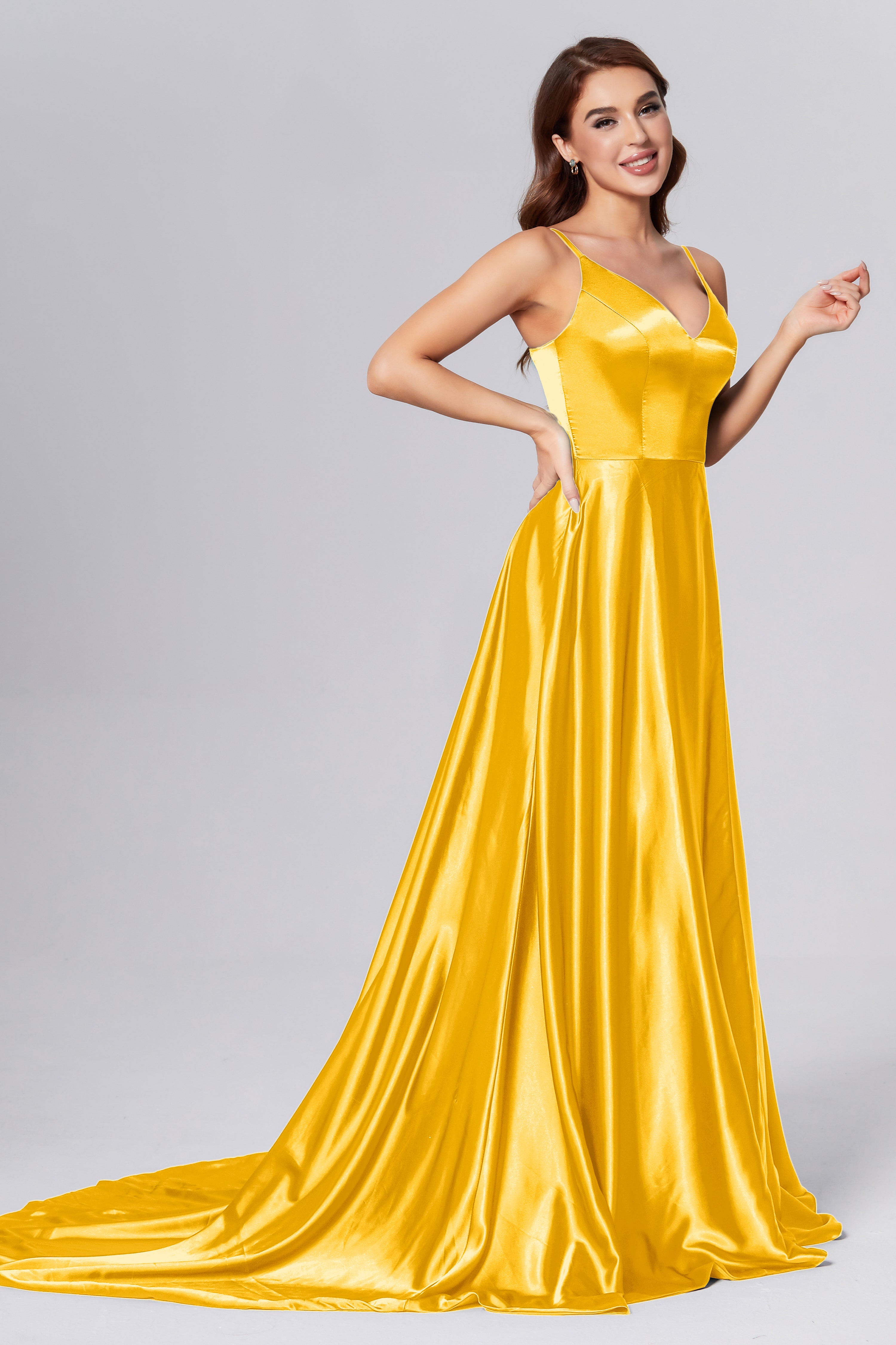 Spaghetti Straps Split Prom Dresses with Trailing