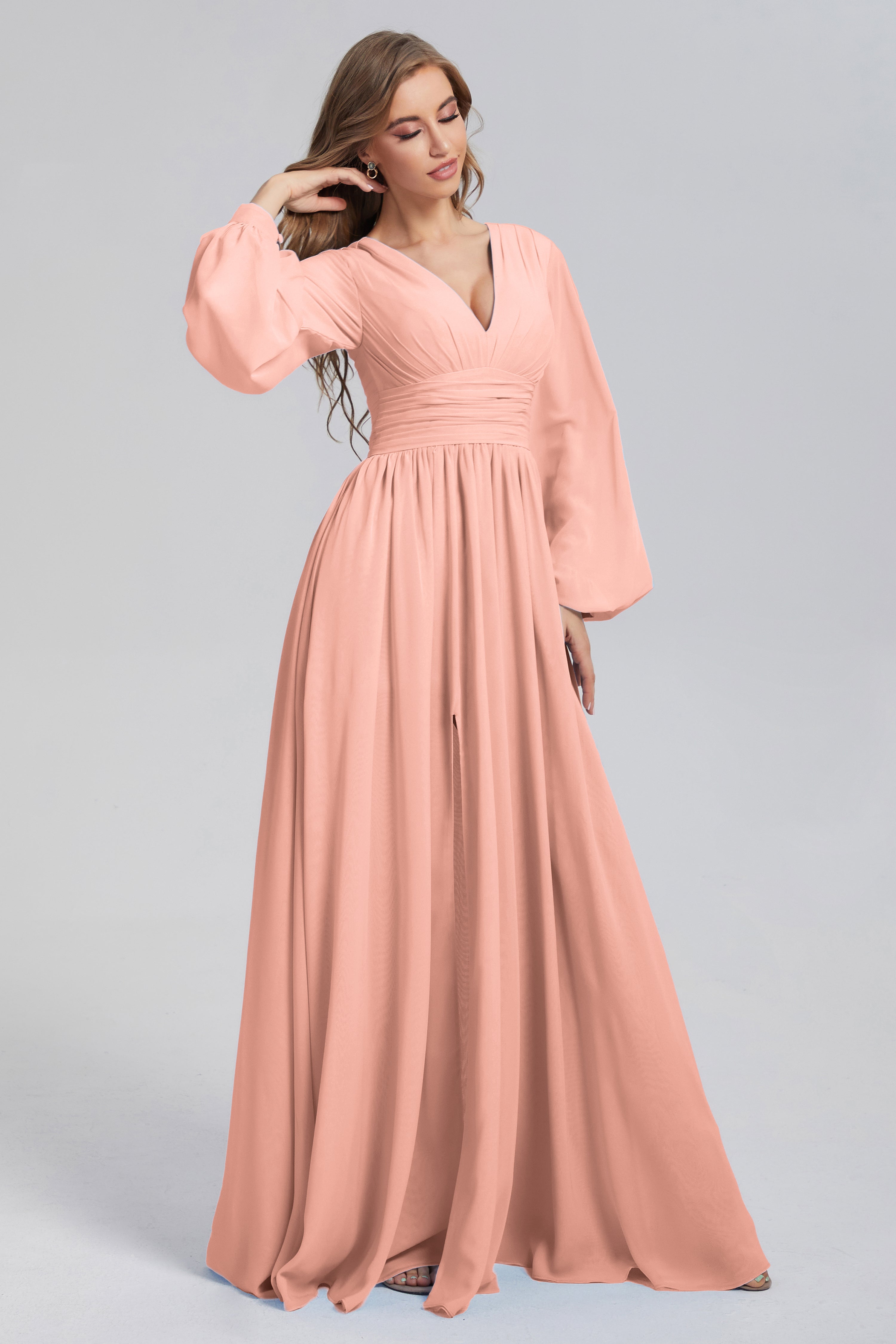 Split Long Sleeve Chiffon Prom Dresses