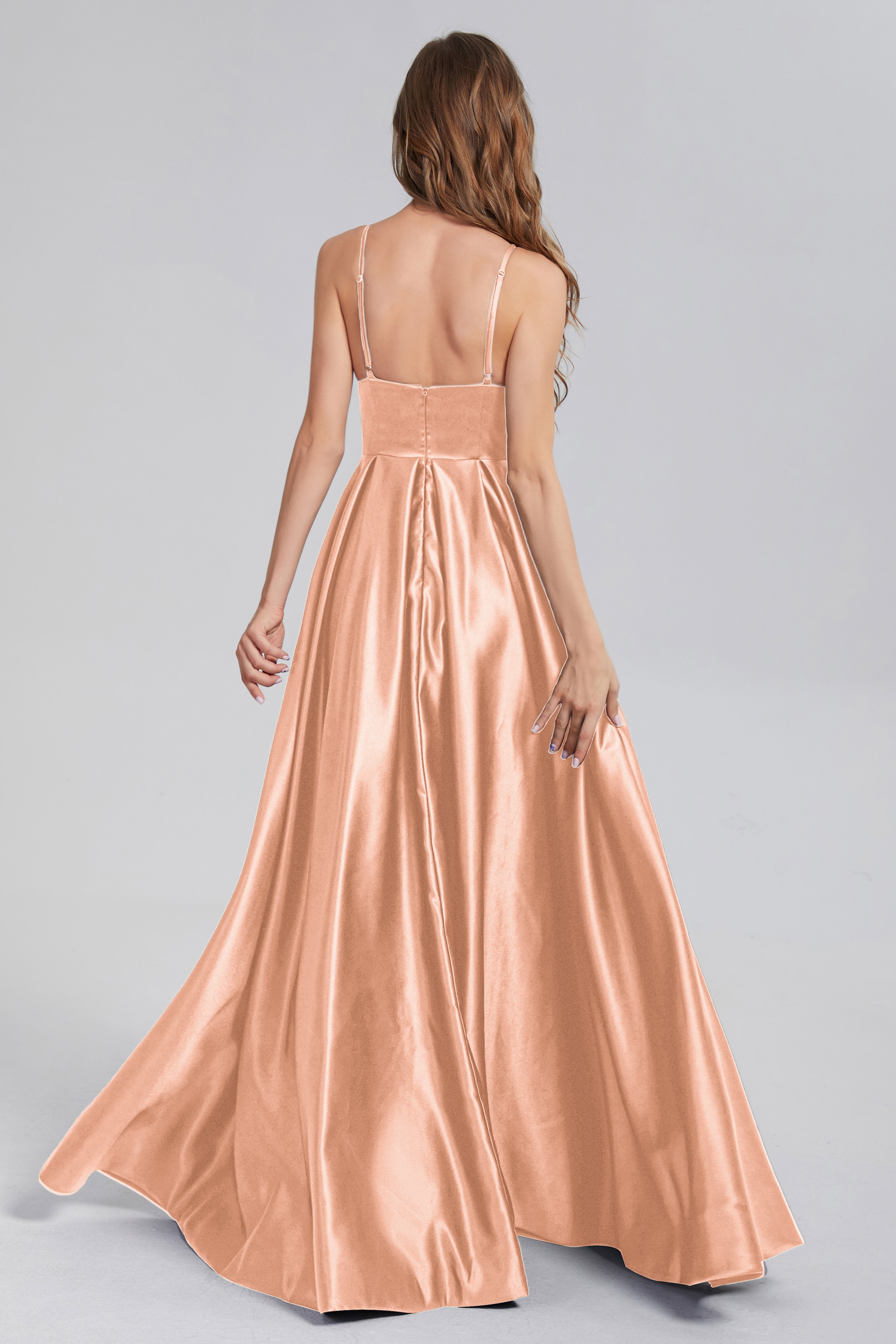 Split Spaghetti Straps Satin Prom Dresses