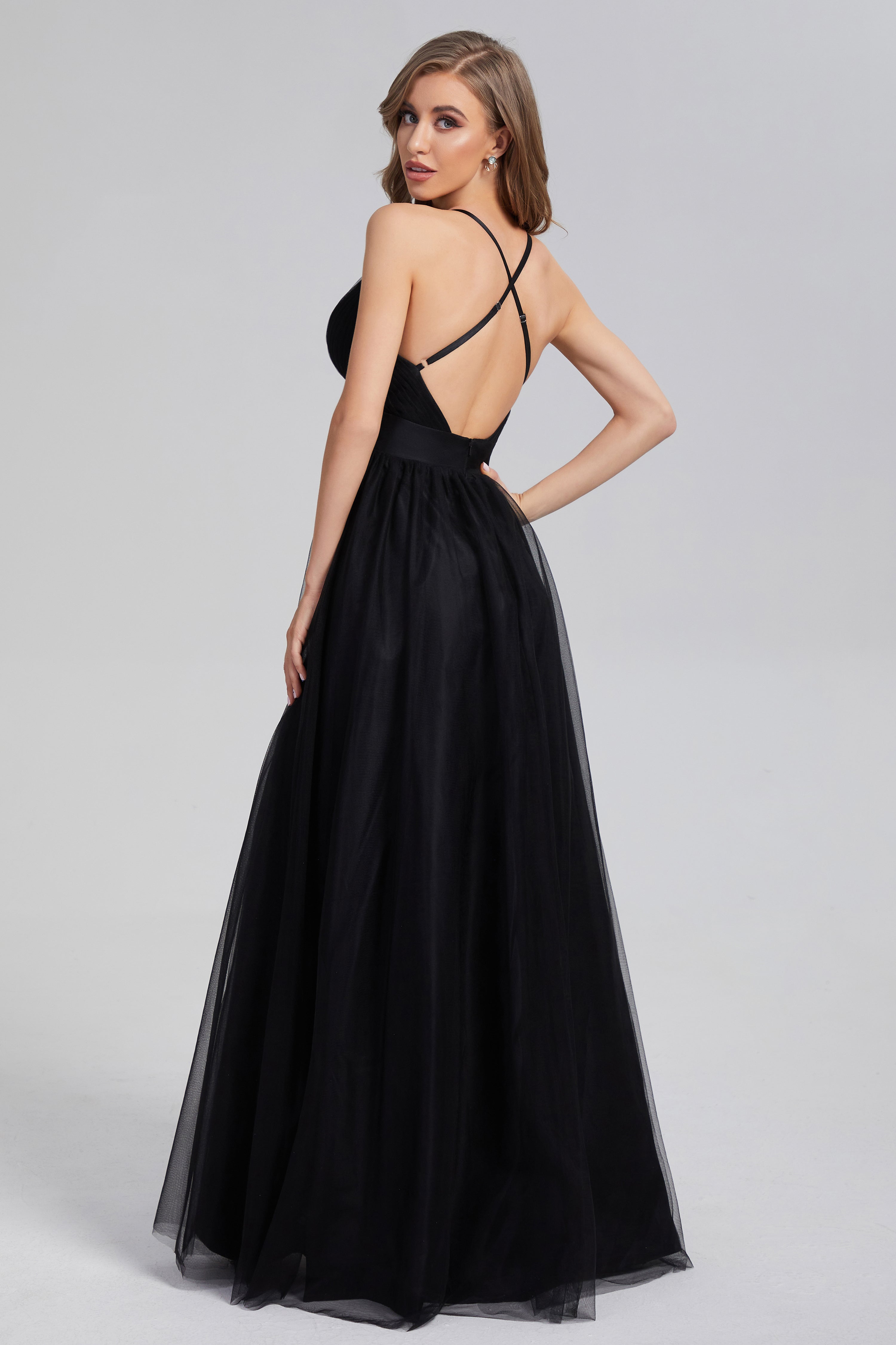 Split V-neck Tulle Prom Dresses
