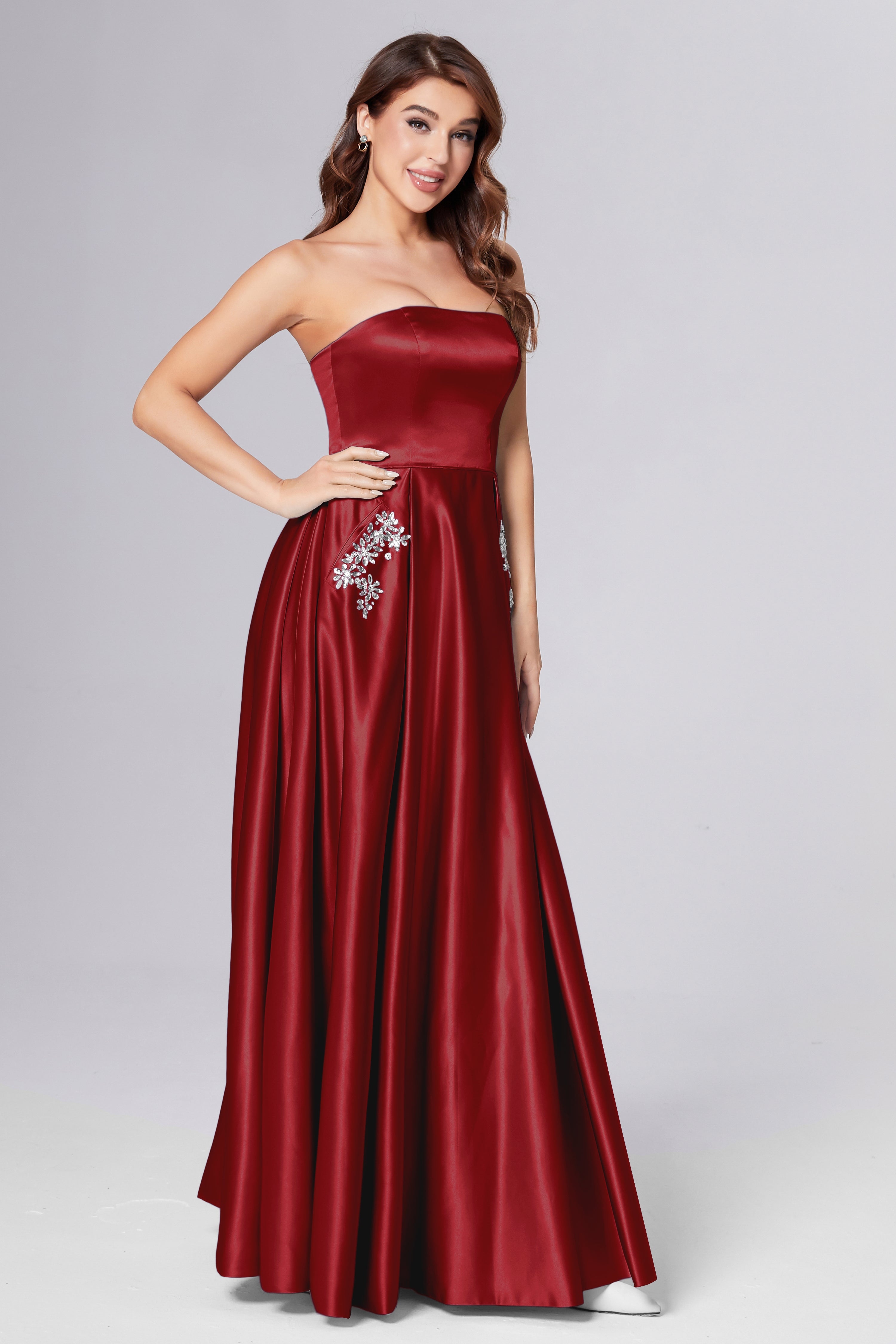 Strapless Beading Prom Dresses with Pockets