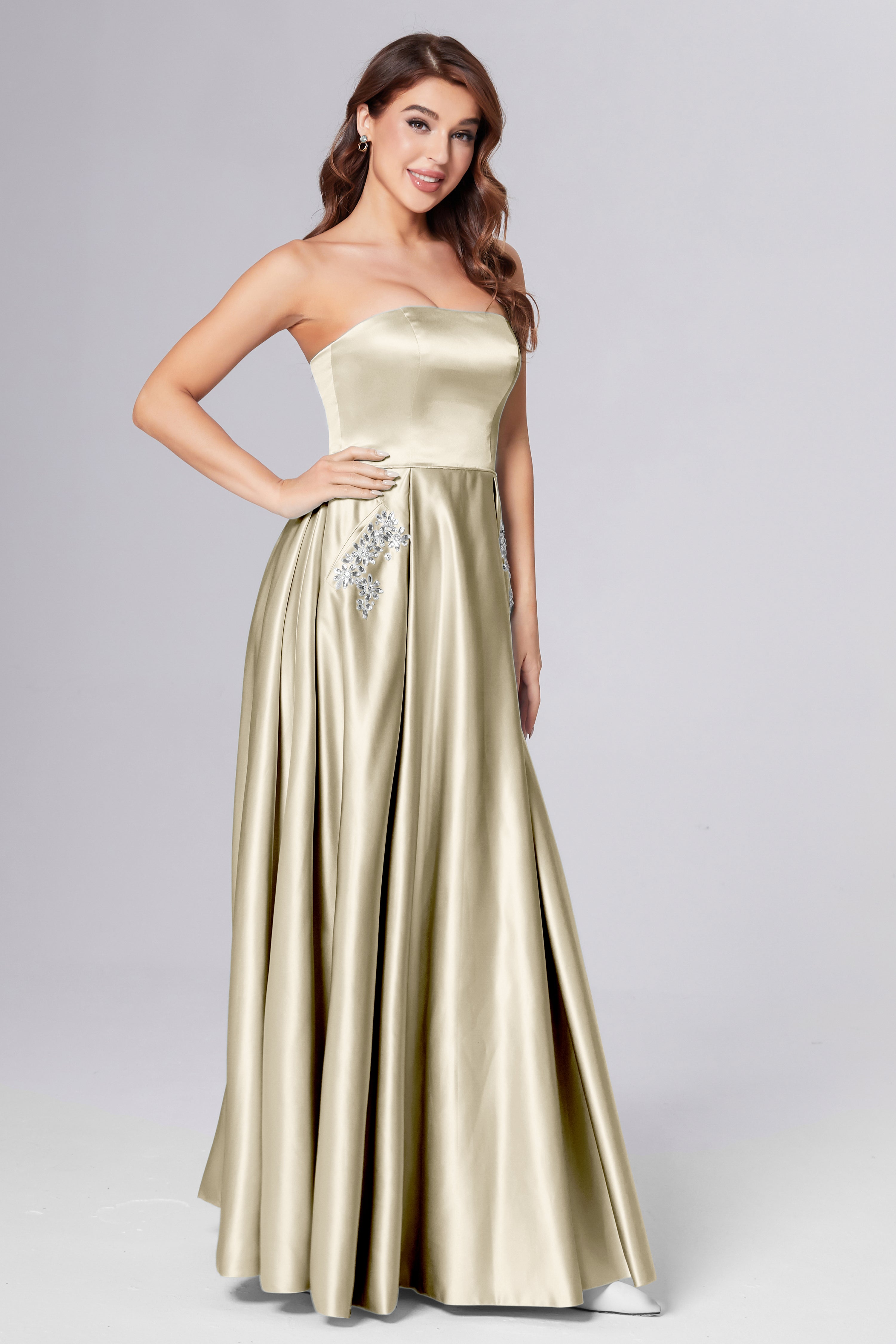 Strapless Beading Prom Dresses with Pockets