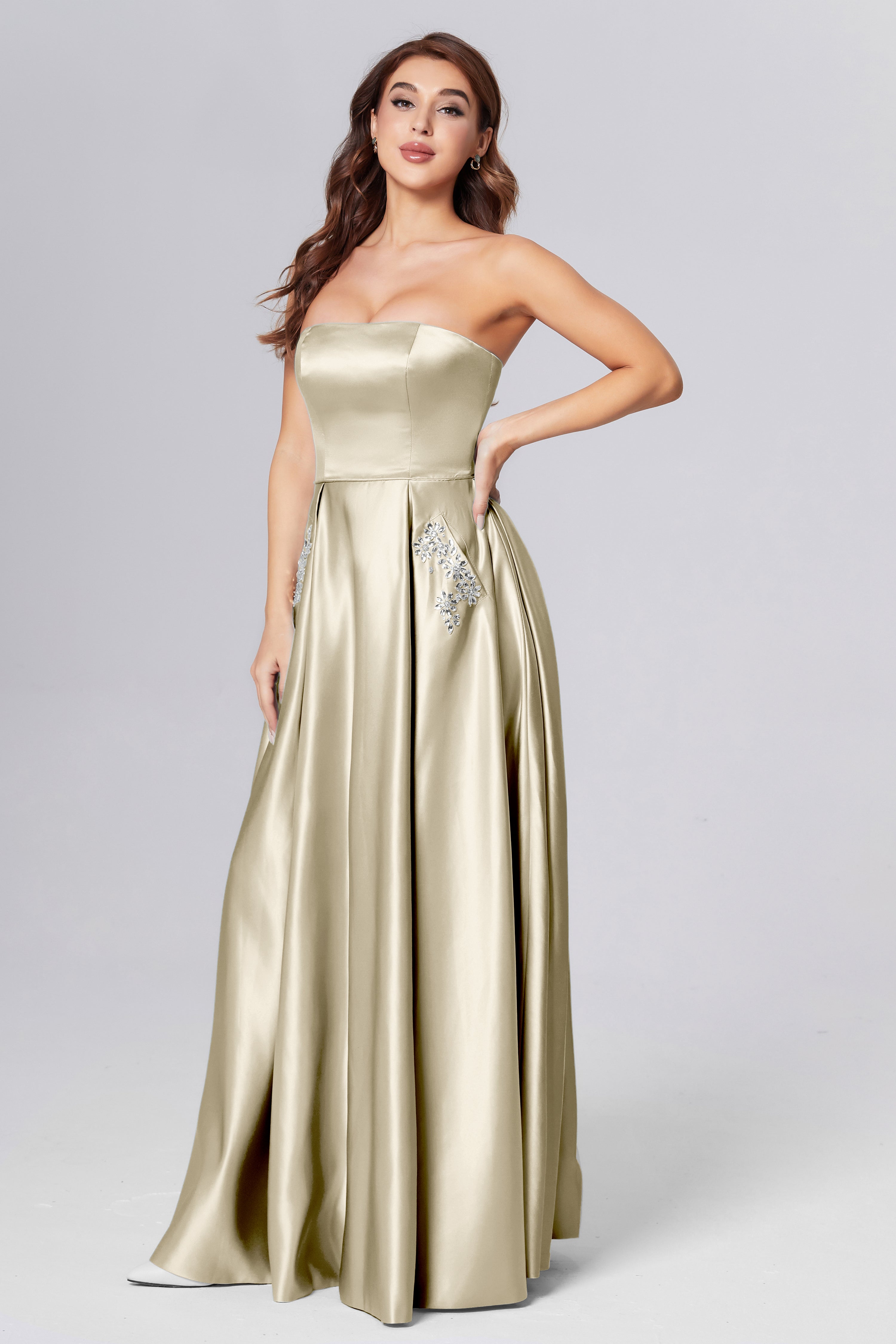 Strapless Beading Prom Dresses with Pockets