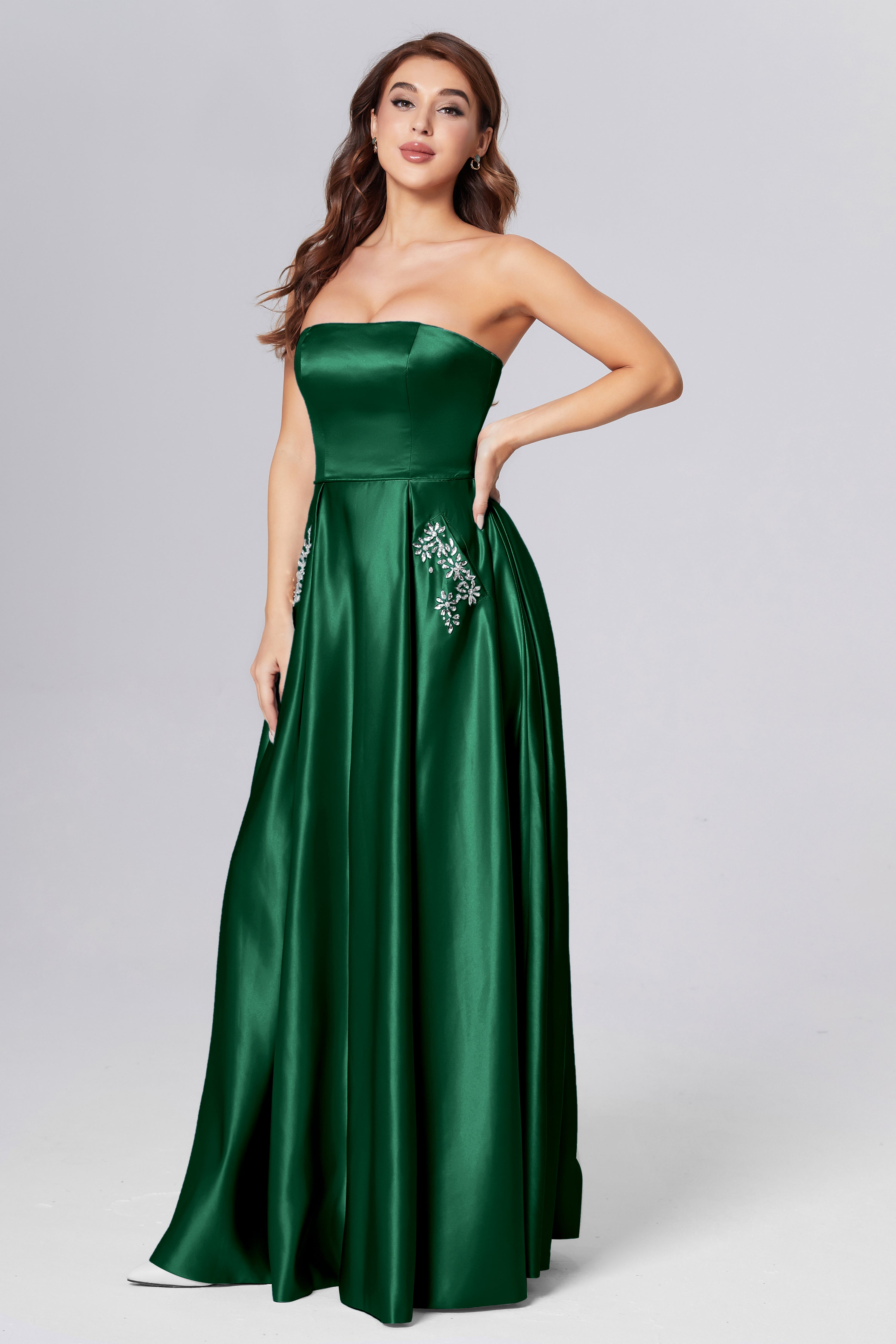 Strapless Beading Prom Dresses with Pockets