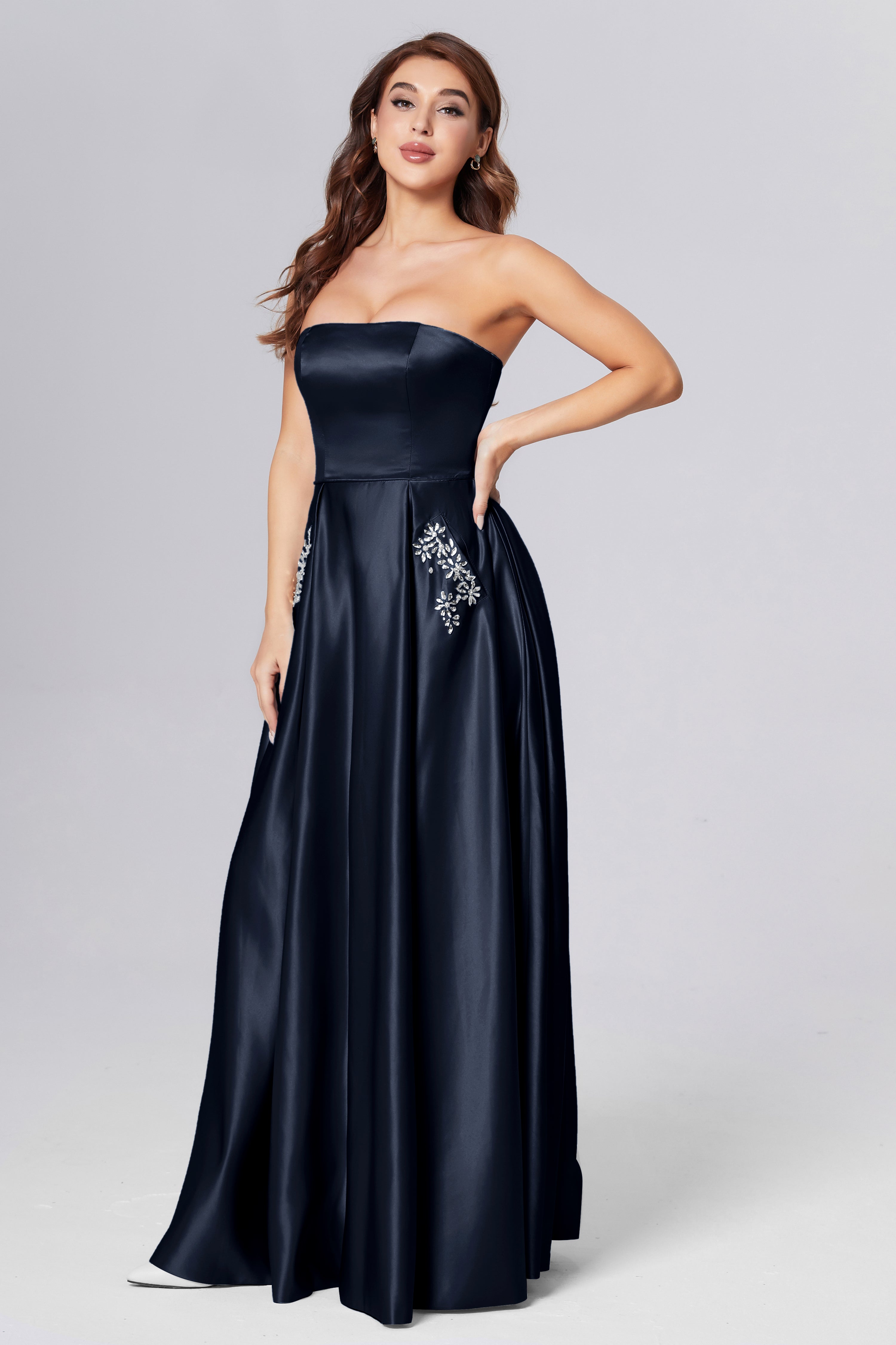 Strapless Beading Prom Dresses with Pockets