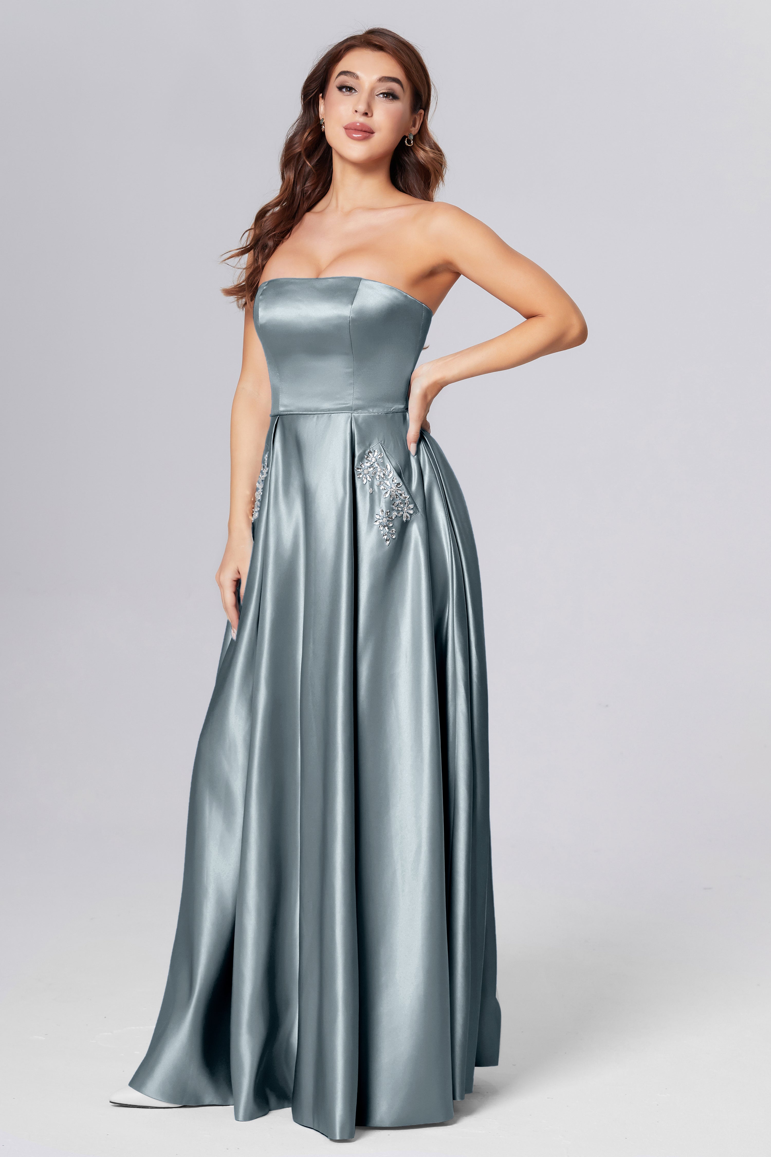 Strapless Beading Prom Dresses with Pockets