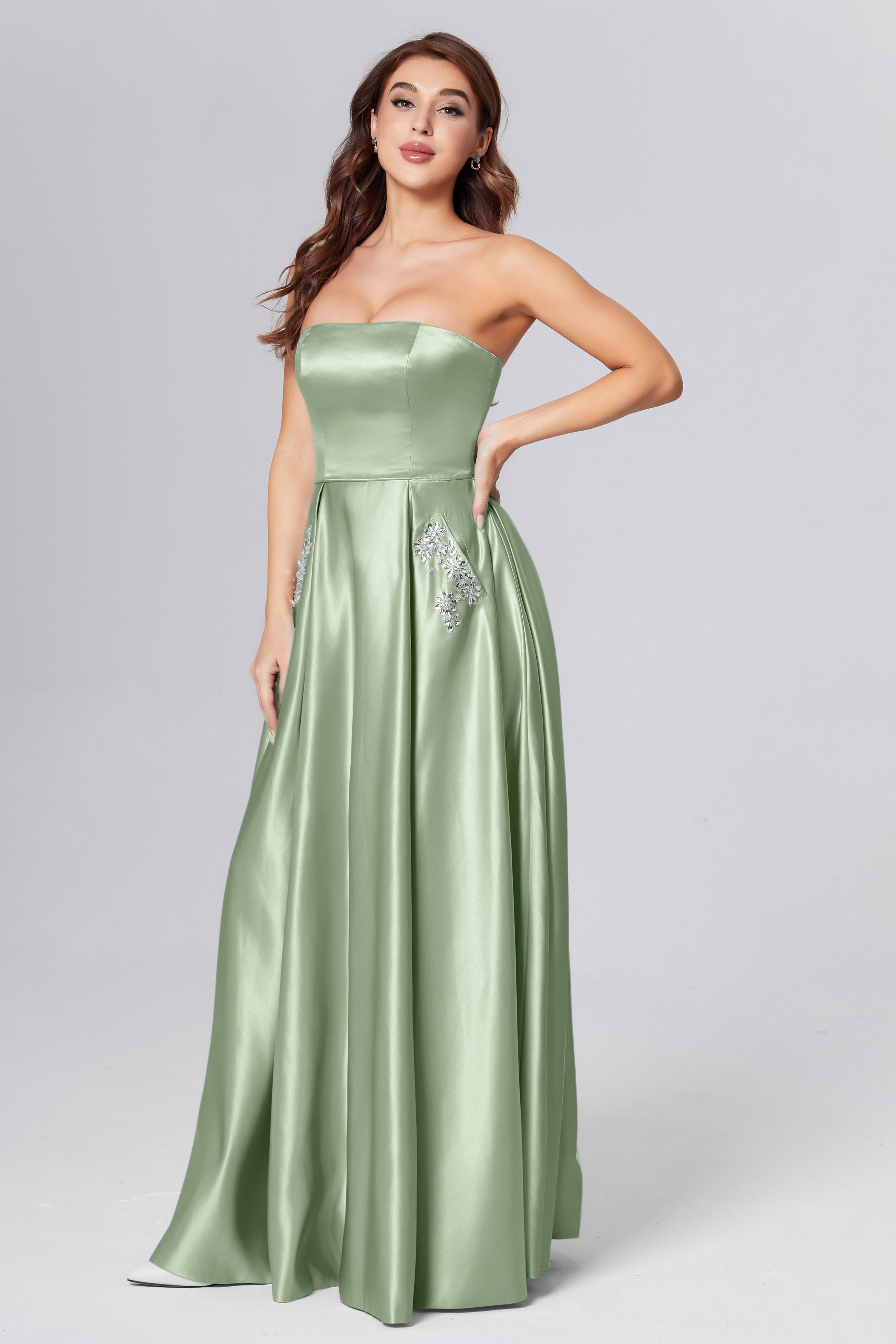 Strapless Beading Prom Dresses with Pockets