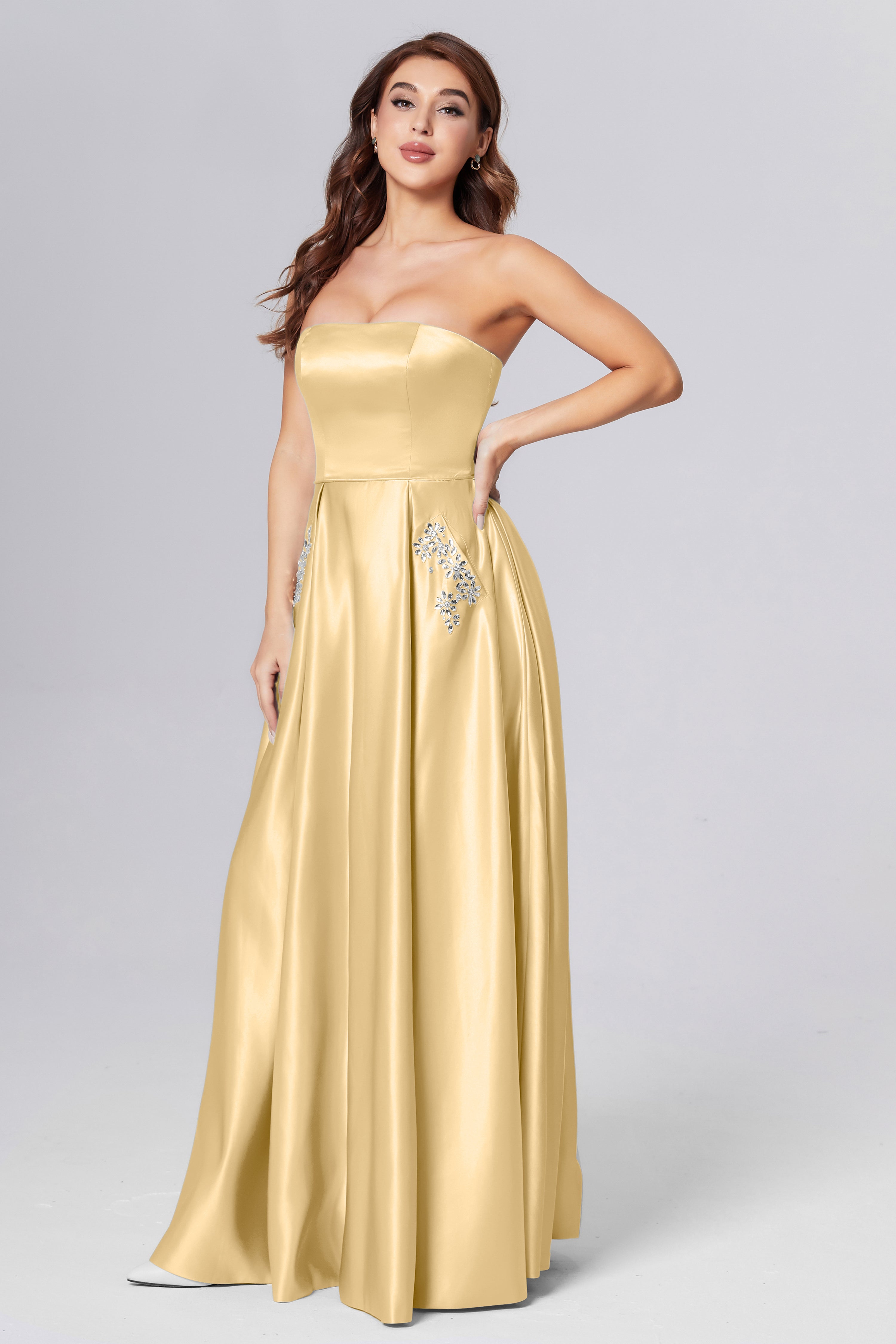 Strapless Beading Prom Dresses with Pockets