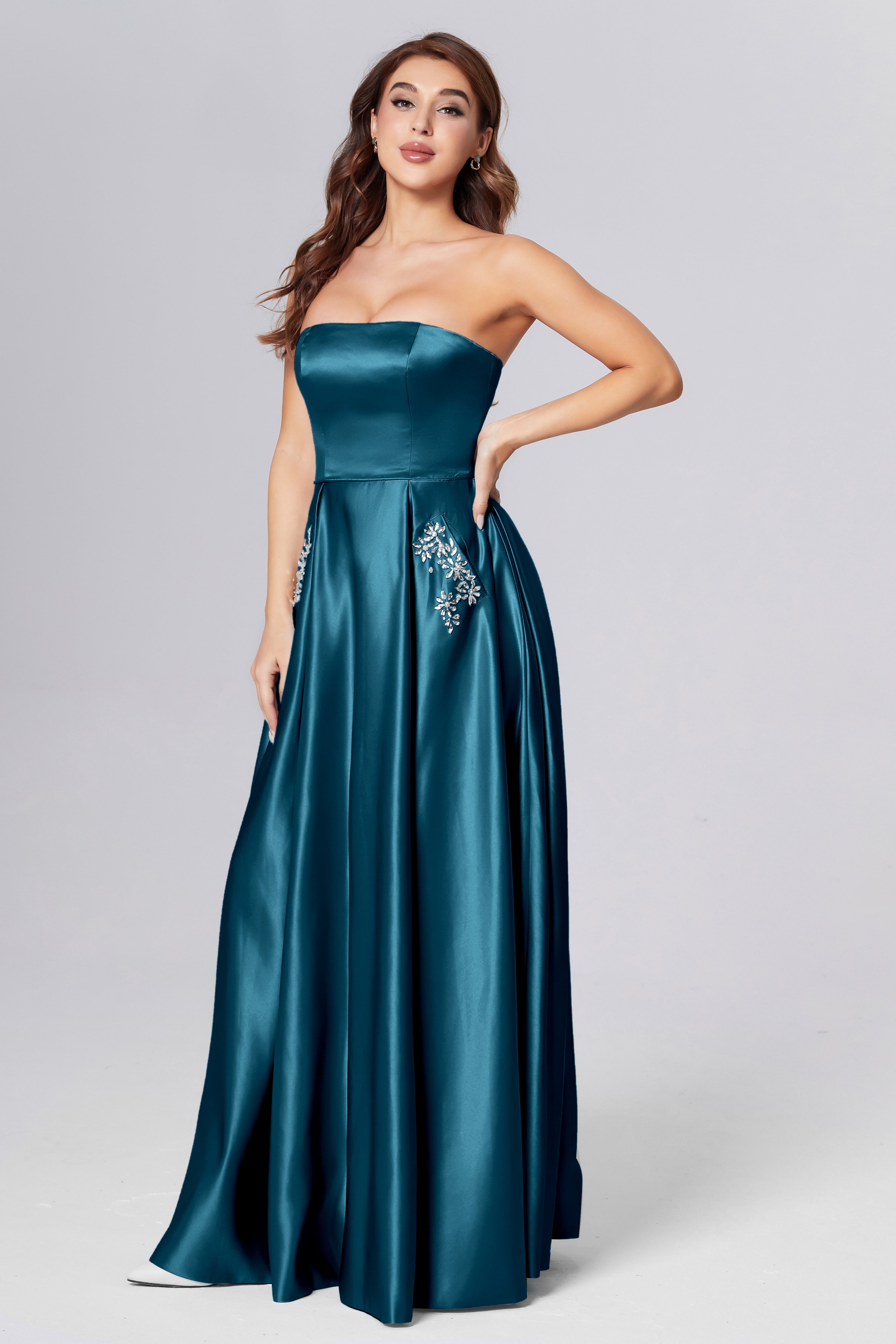 Strapless Beading Prom Dresses with Pockets