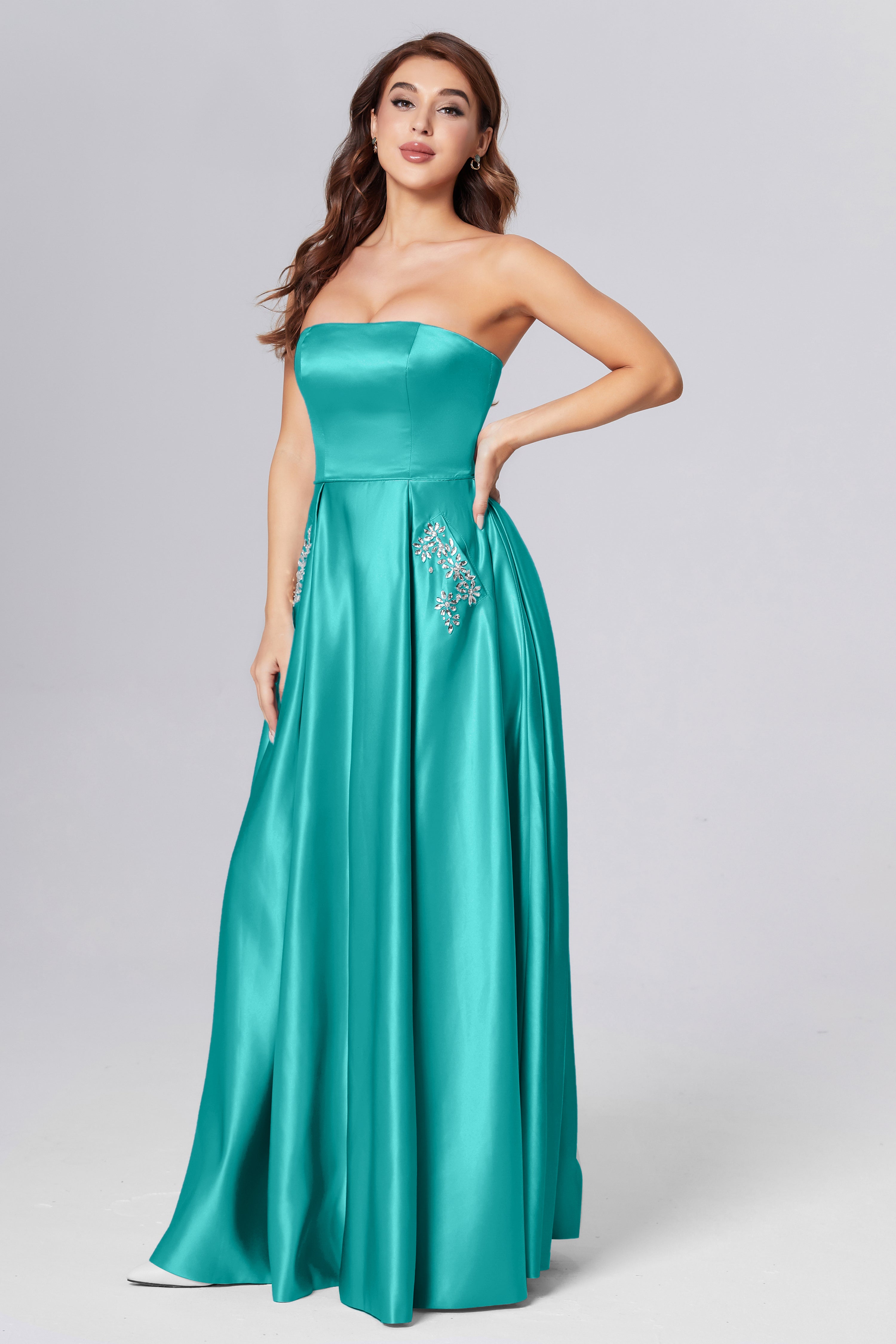 Strapless Beading Prom Dresses with Pockets