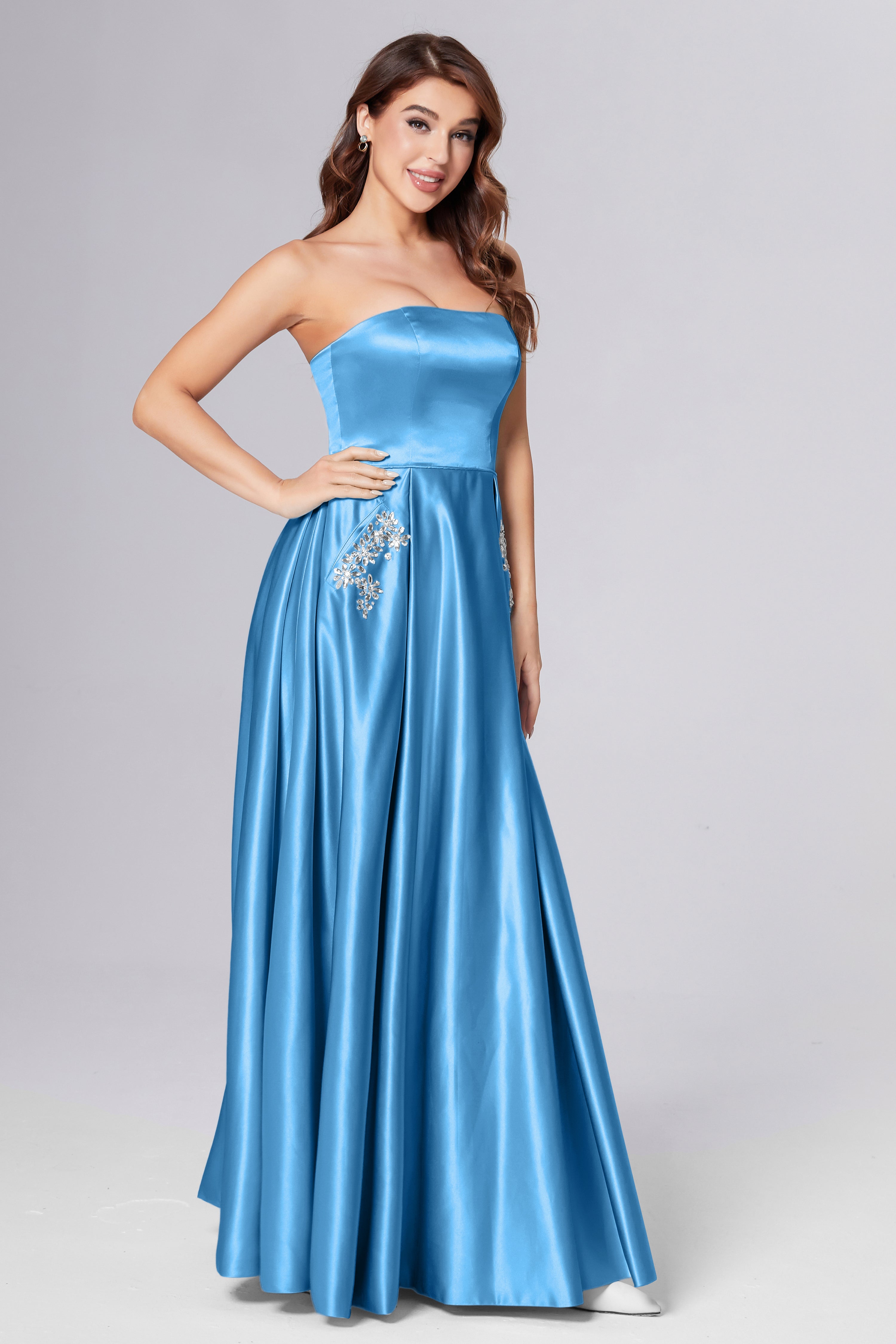 Strapless Beading Prom Dresses with Pockets