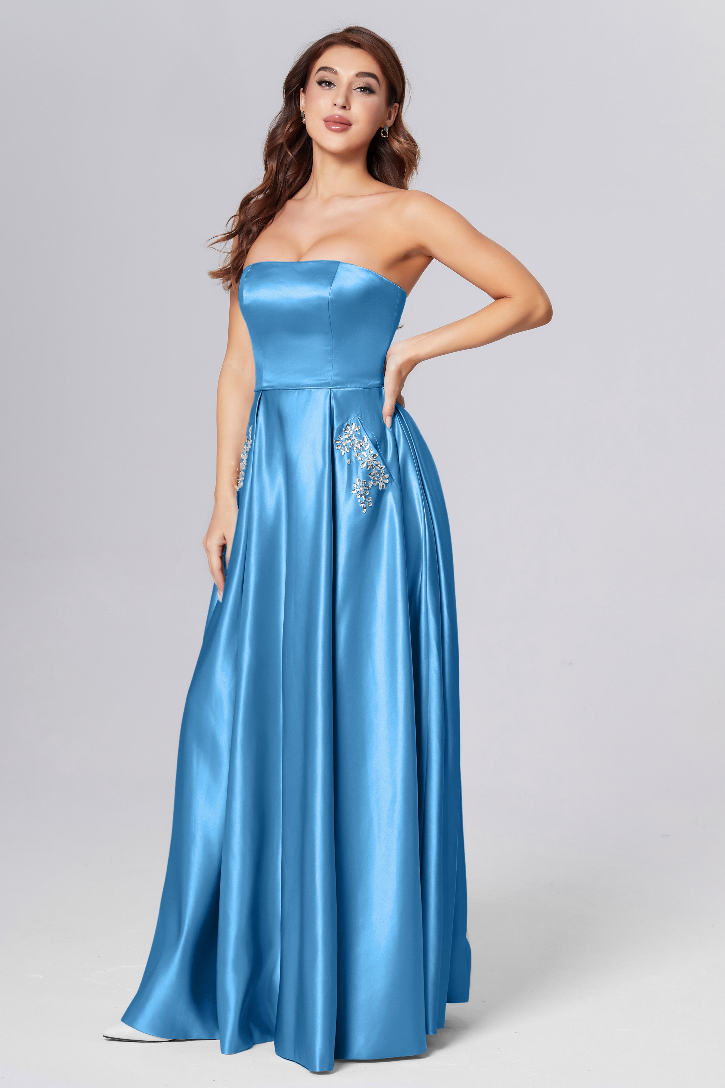 Strapless Beading Prom Dresses with Pockets