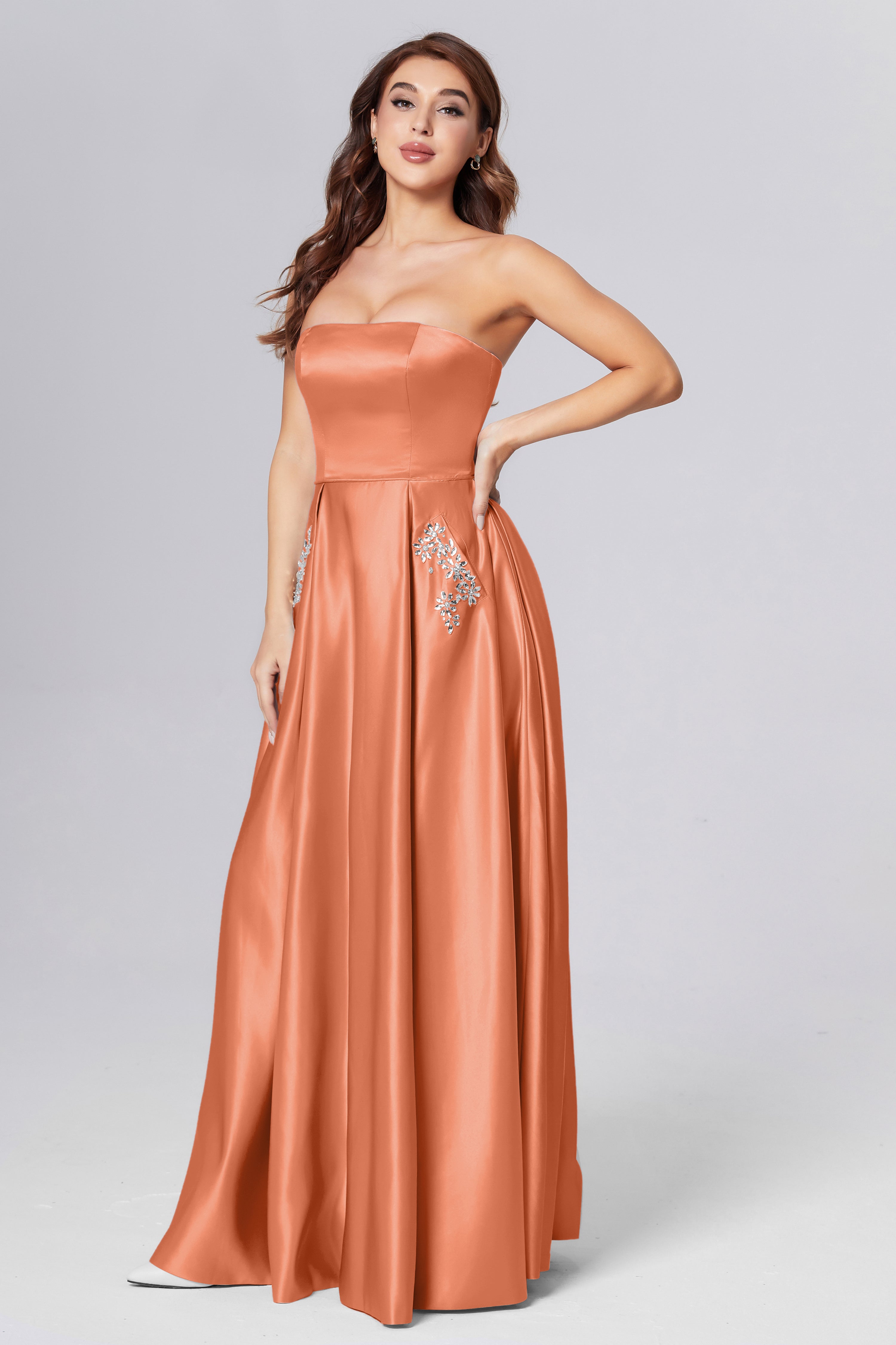 Strapless Beading Prom Dresses with Pockets