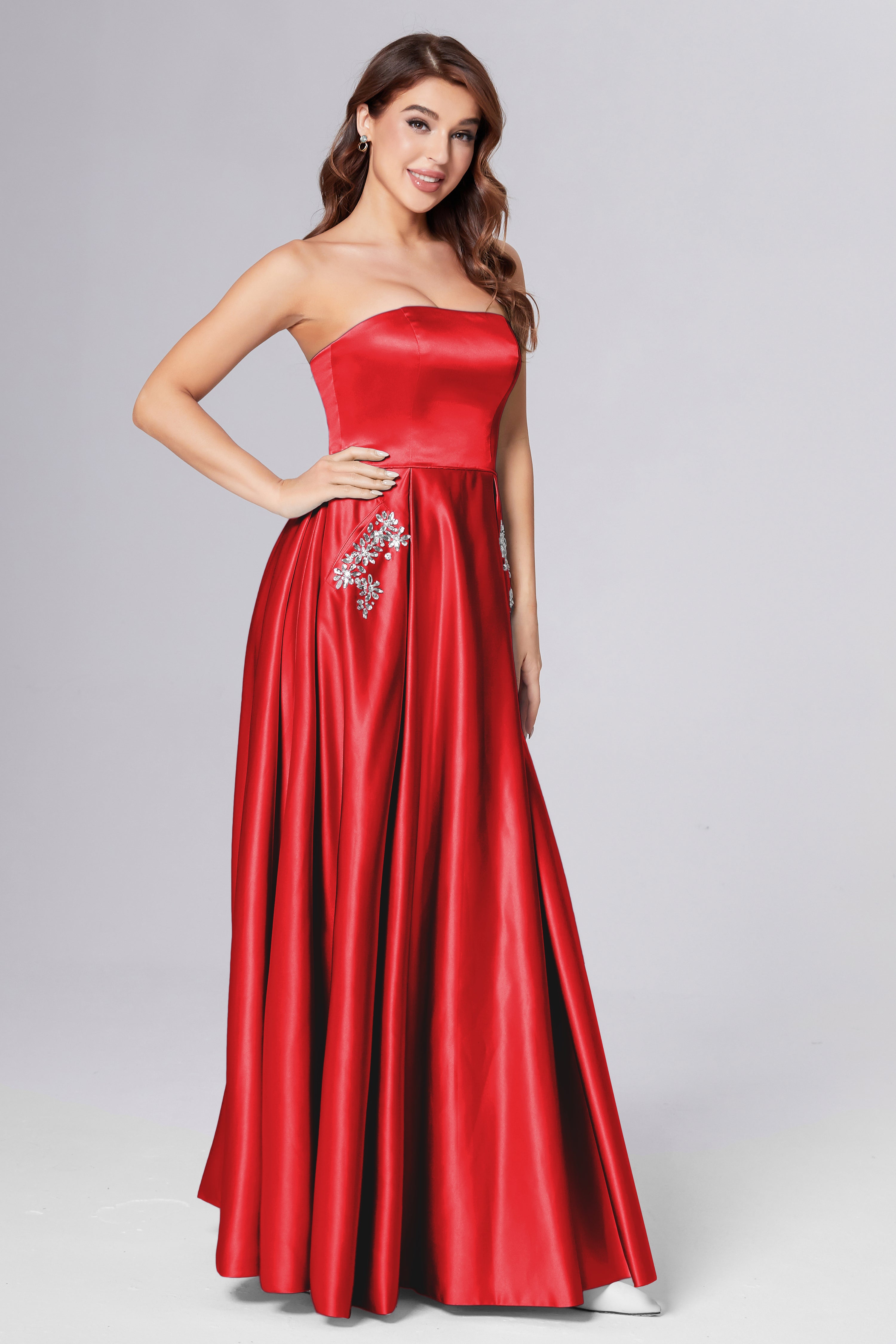Strapless Beading Prom Dresses with Pockets