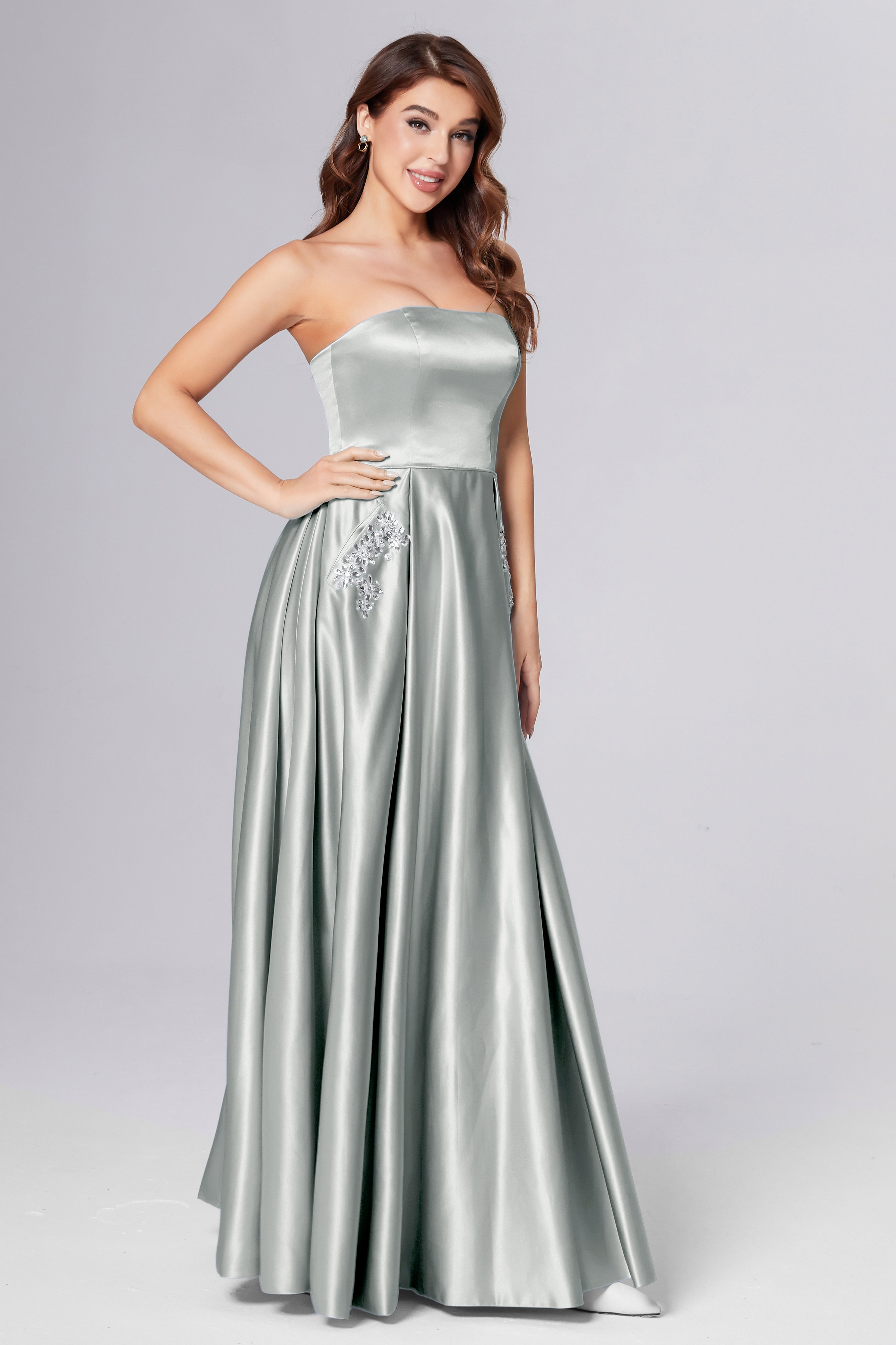 Strapless Beading Prom Dresses with Pockets