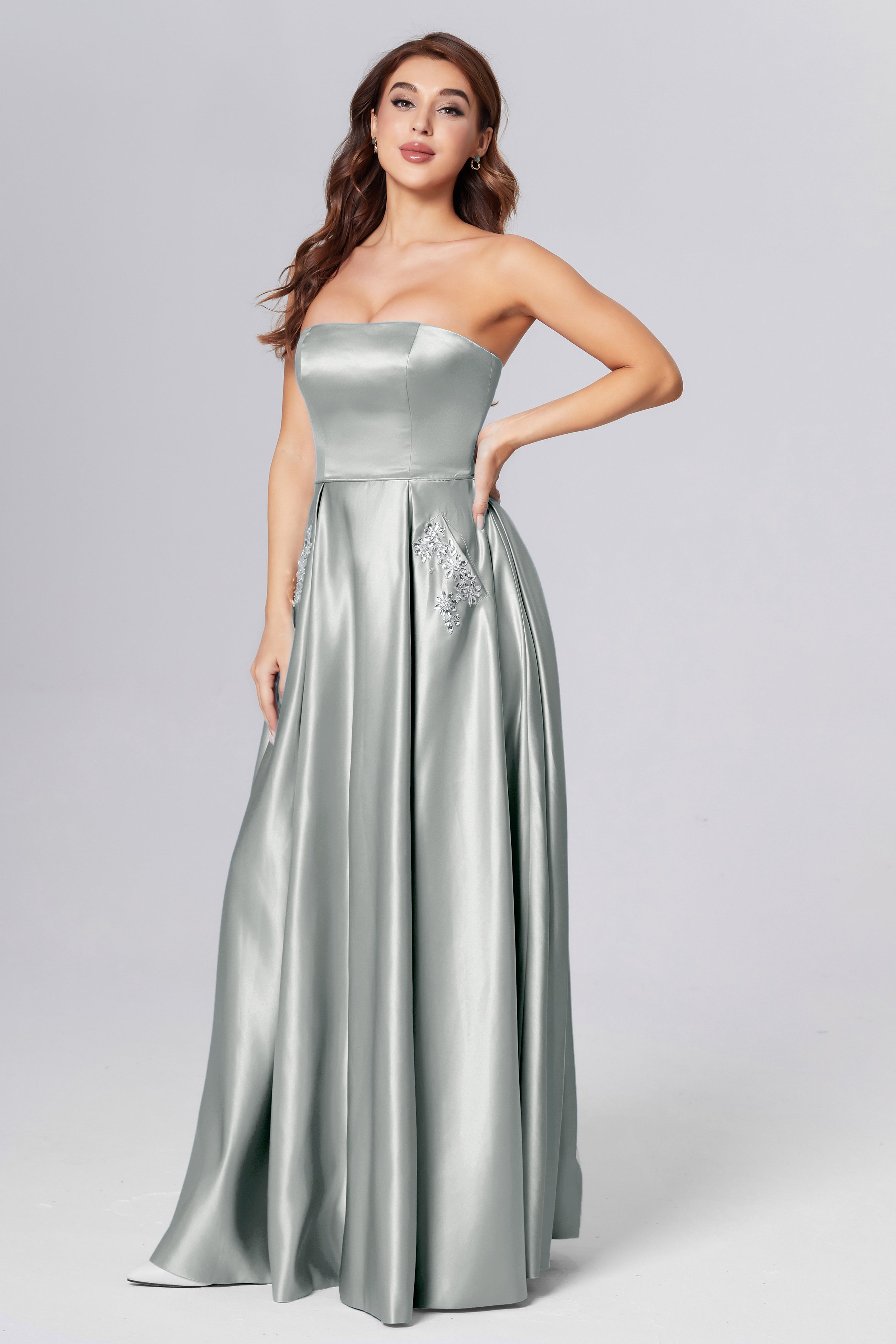 Strapless Beading Prom Dresses with Pockets