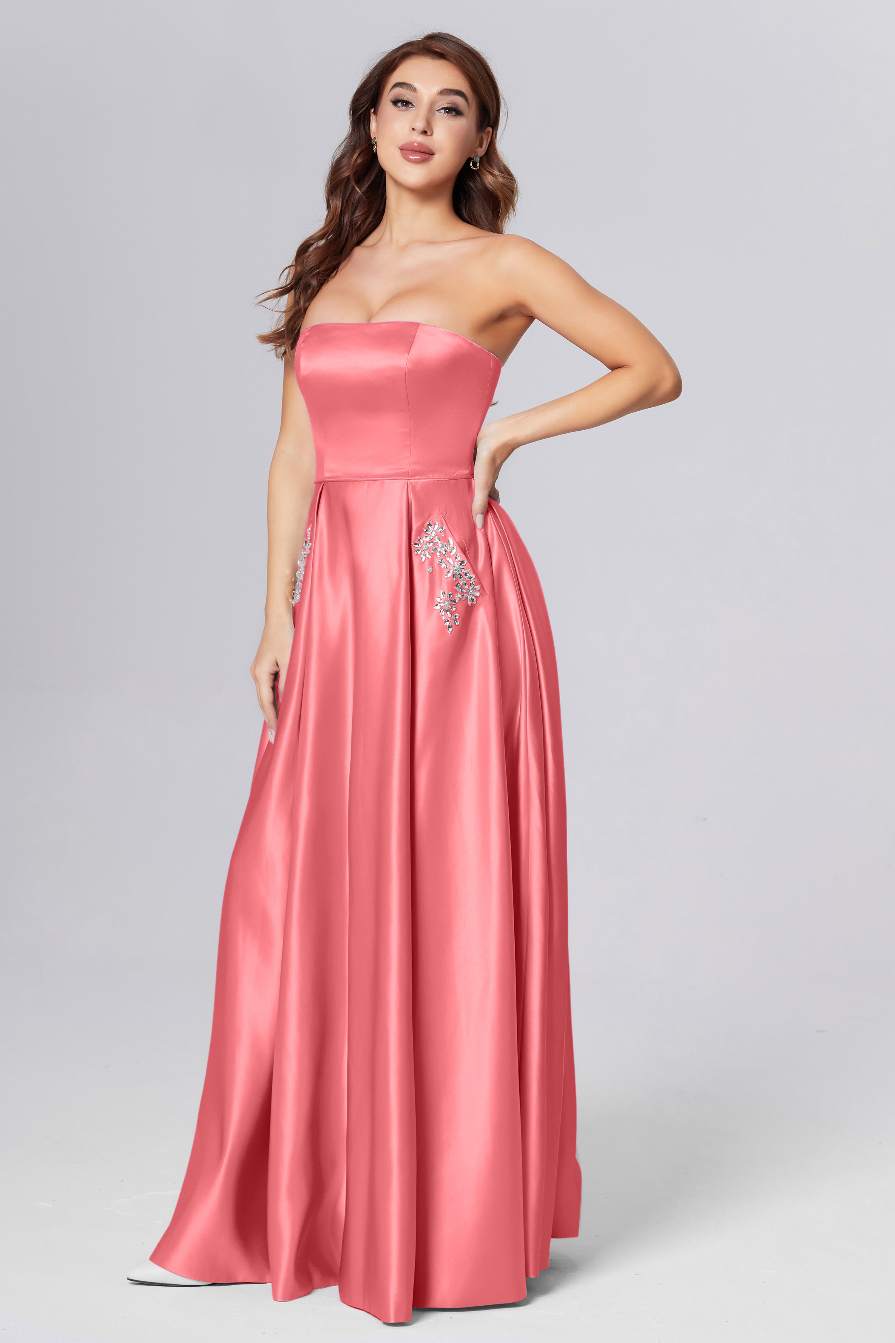 Strapless Beading Prom Dresses with Pockets