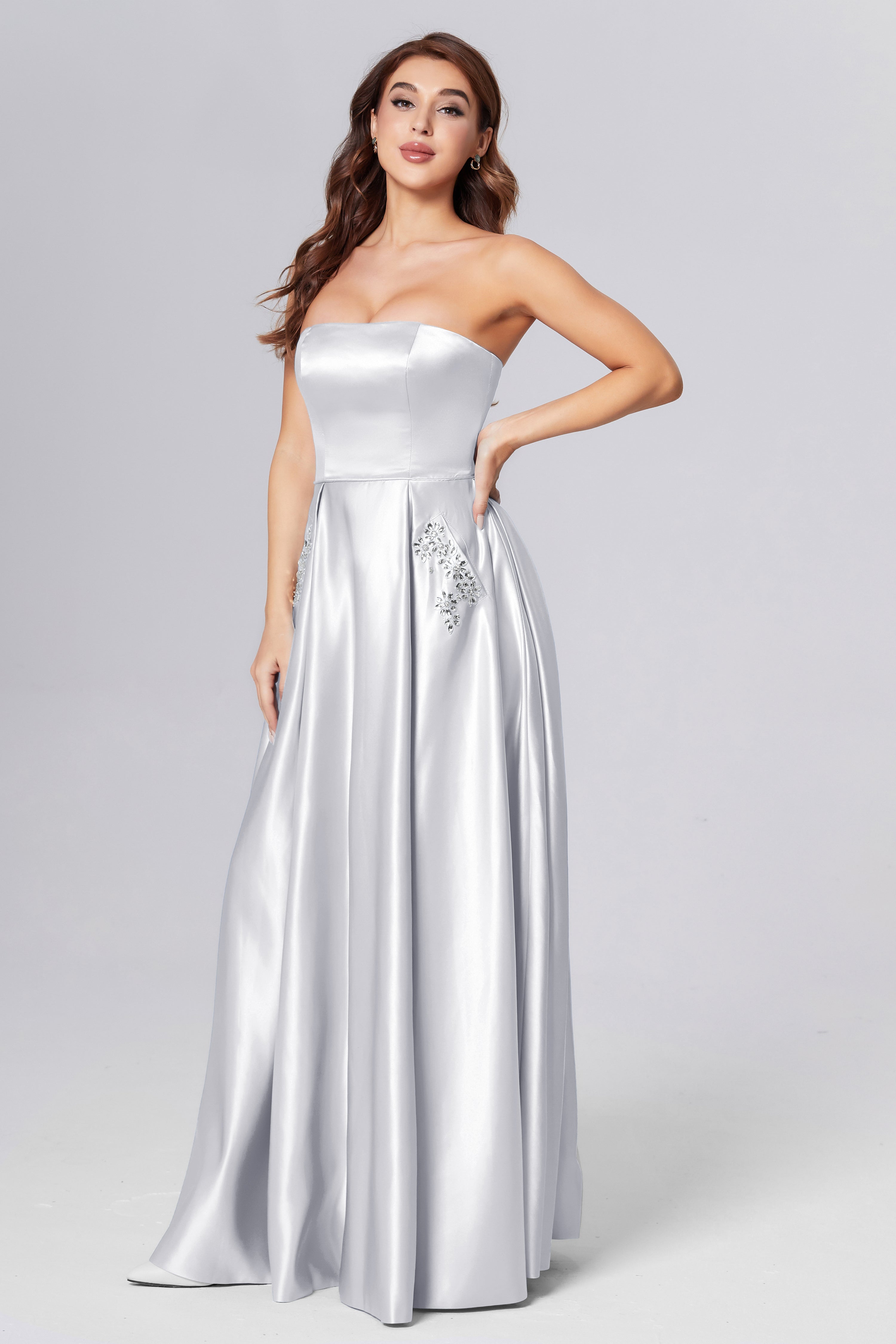 Strapless Beading Prom Dresses with Pockets