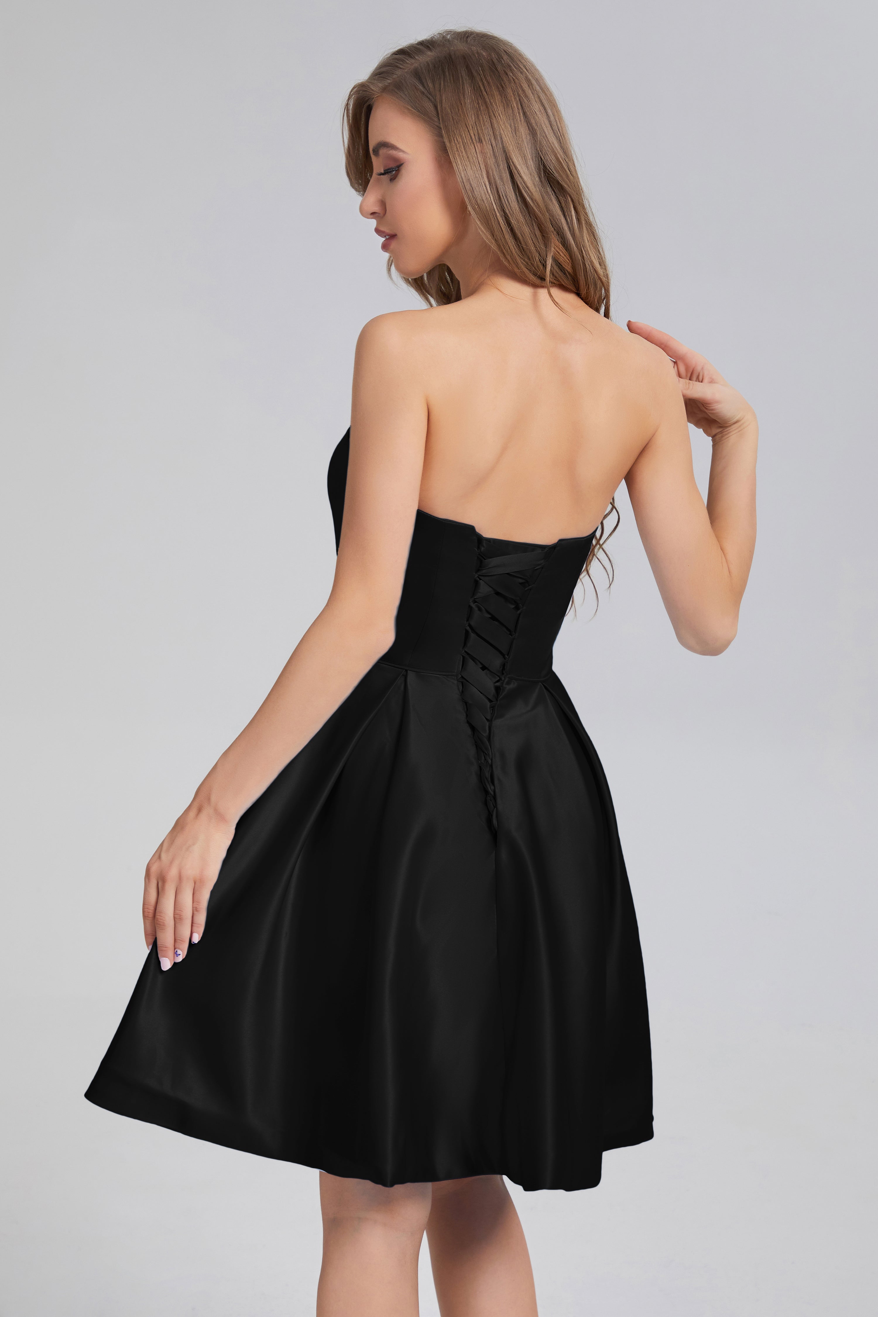 Strapless Lace up Short Prom Dresses with Pocket