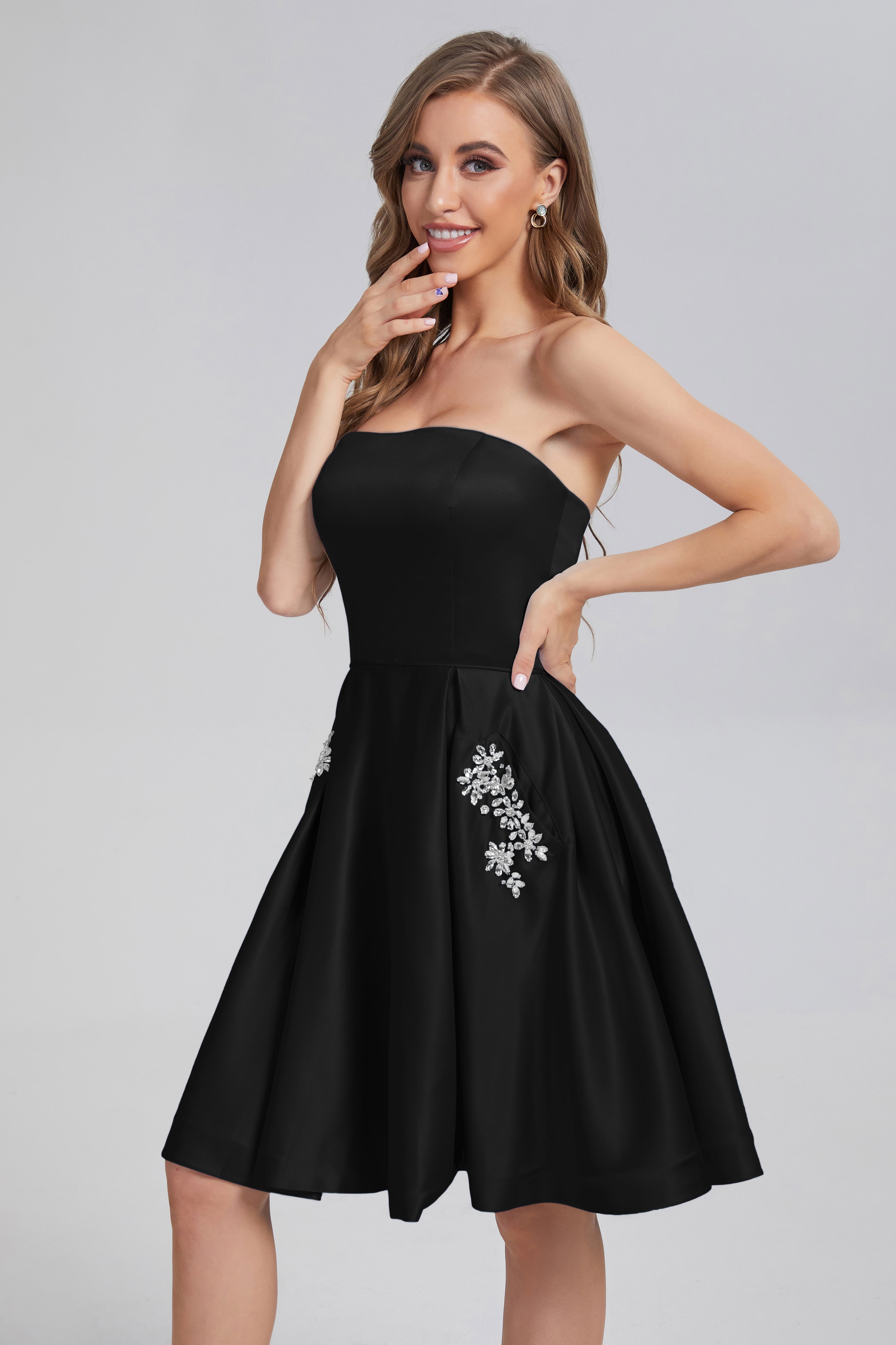 Strapless Lace up Short Prom Dresses with Pocket