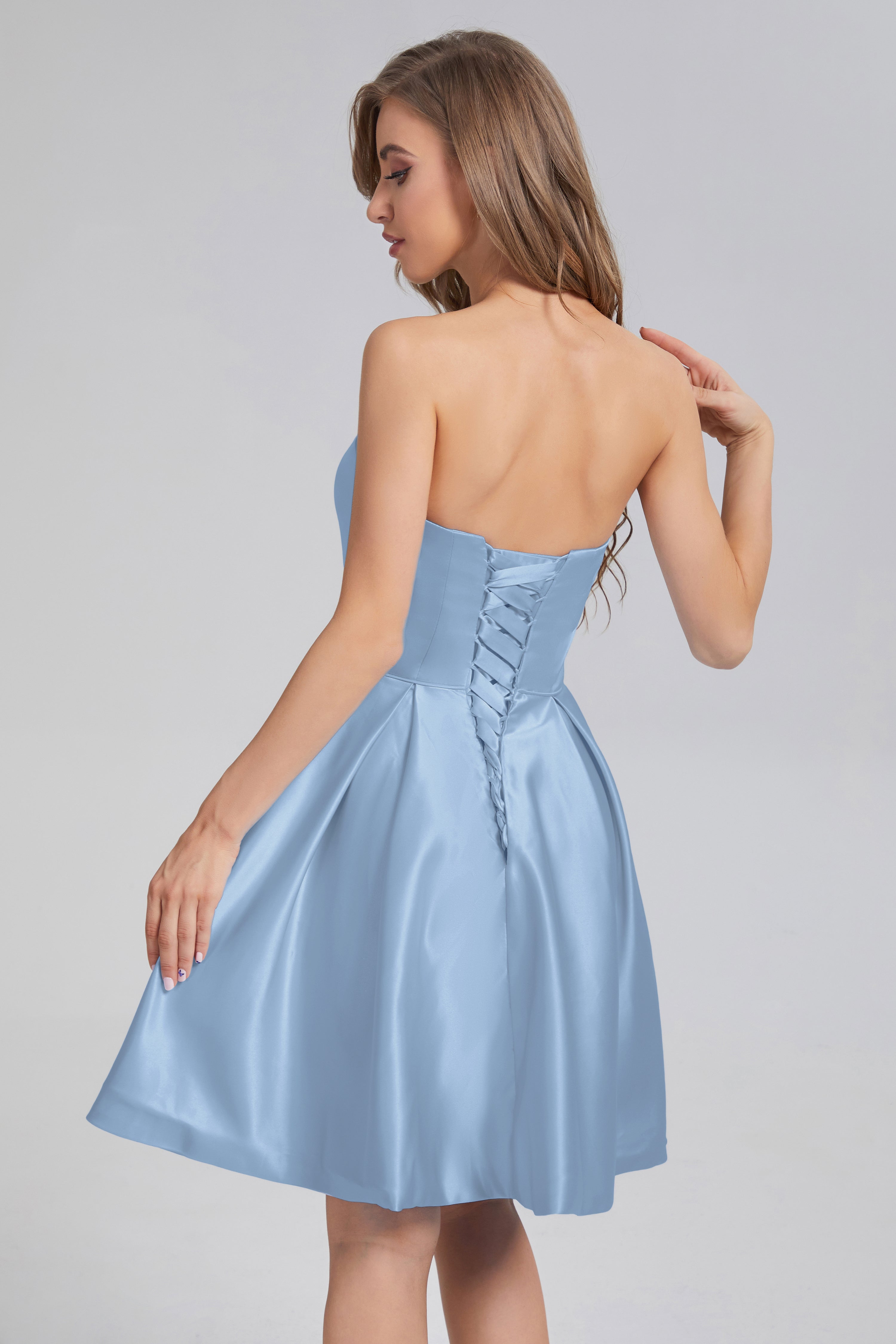 Strapless Lace up Short Prom Dresses with Pocket