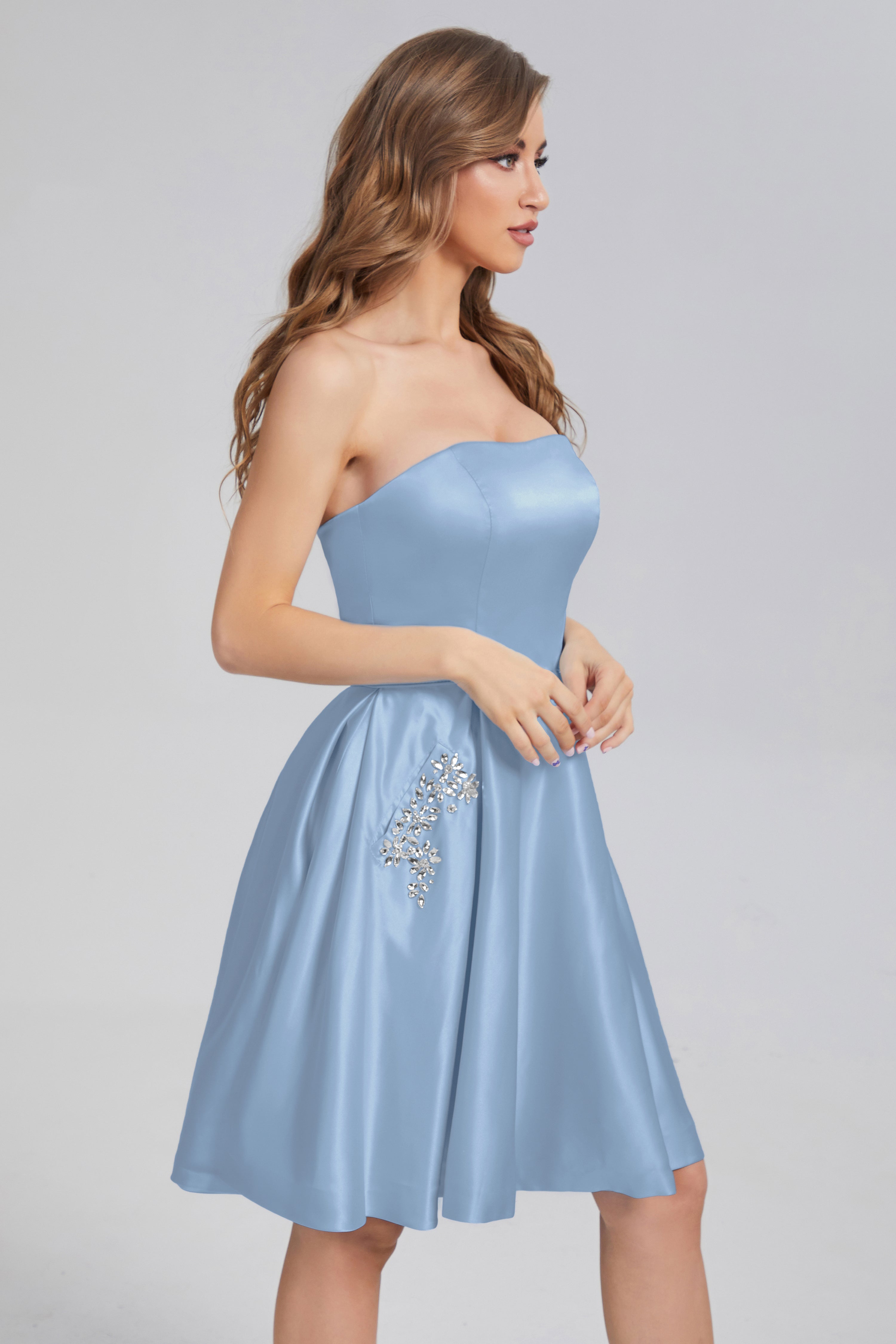 Strapless Lace up Short Prom Dresses with Pocket