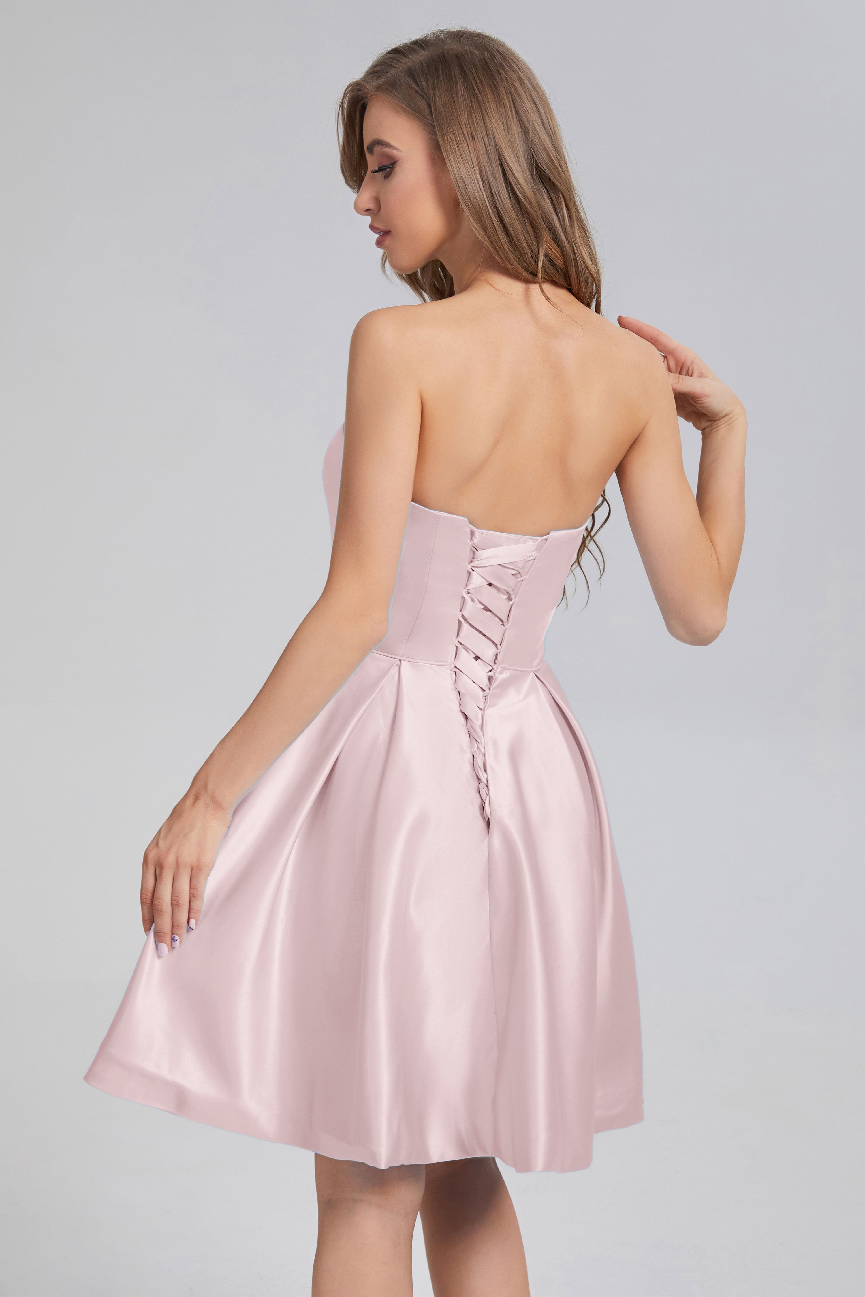 Strapless Lace up Short Prom Dresses with Pocket