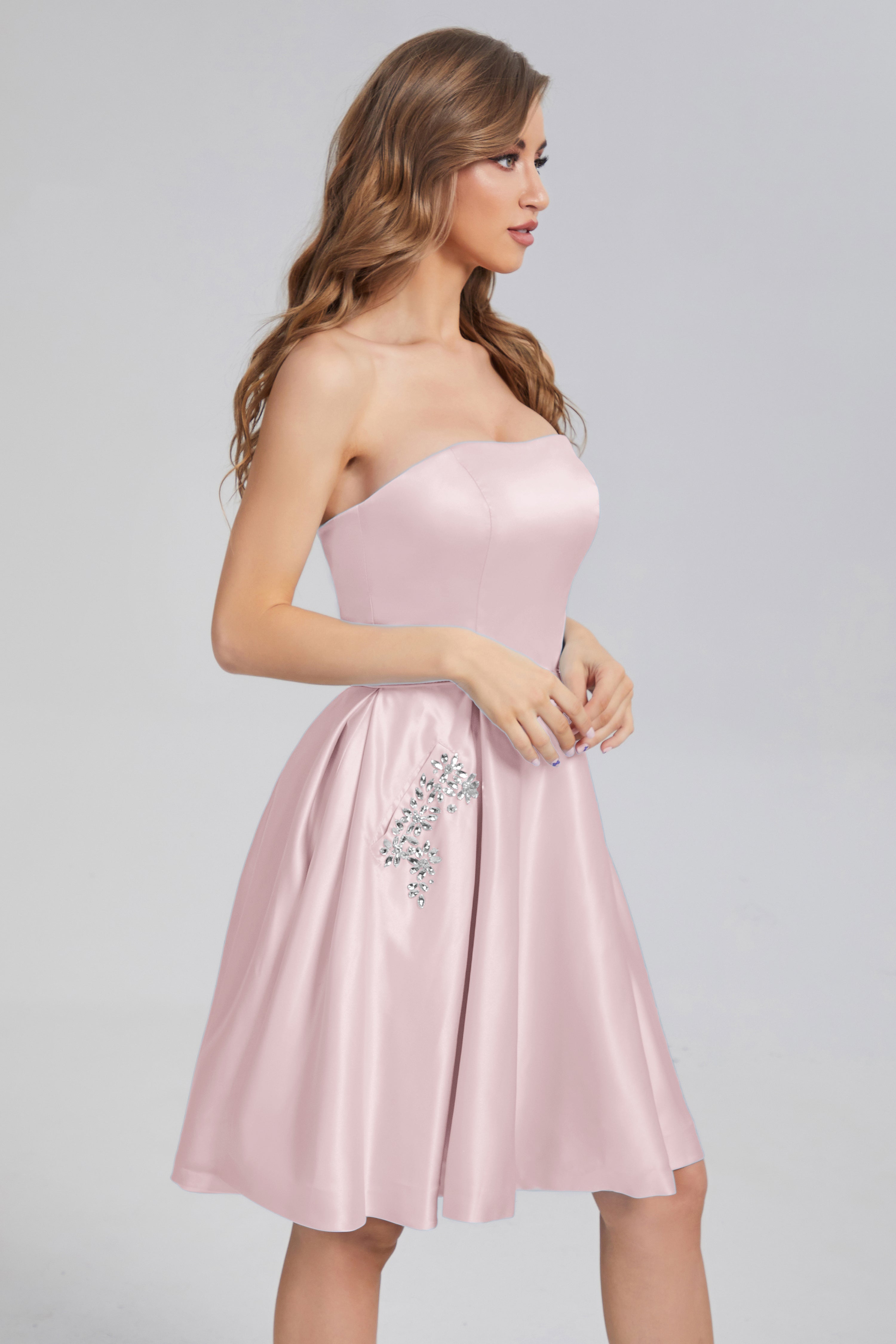 Strapless Lace up Short Prom Dresses with Pocket