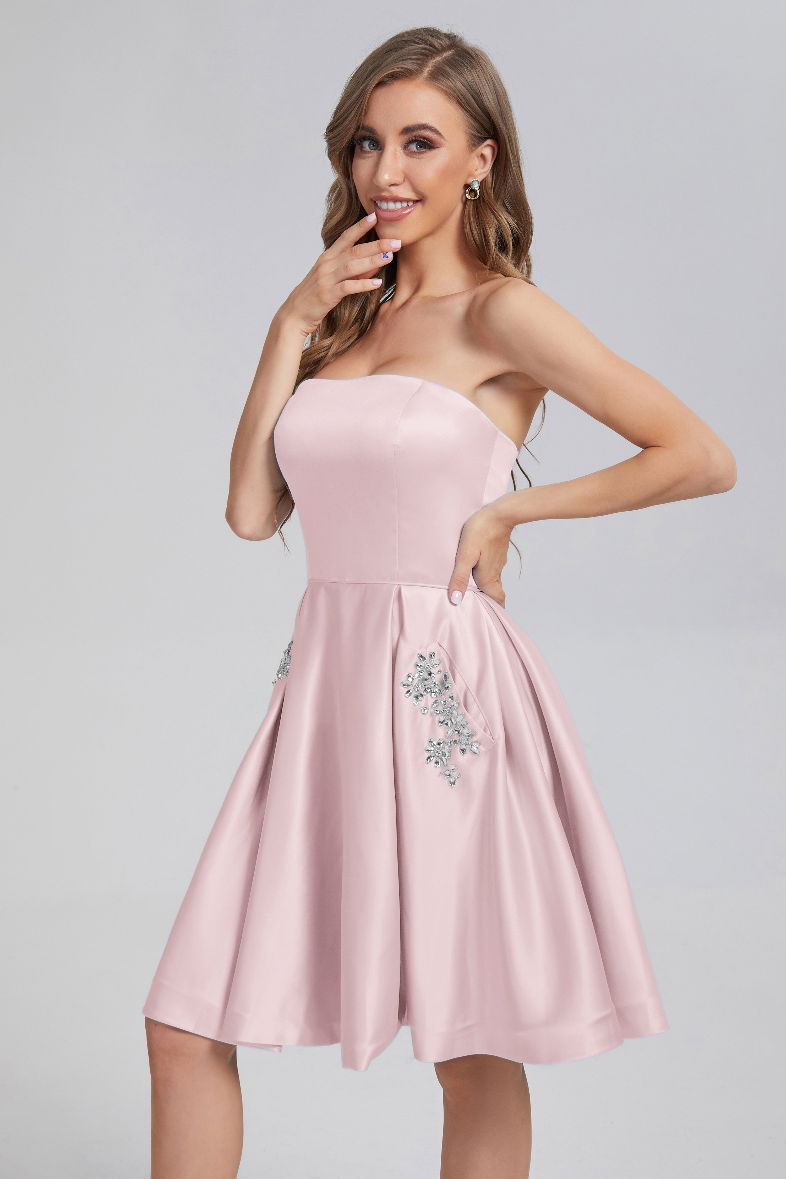 Strapless Lace up Short Prom Dresses with Pocket