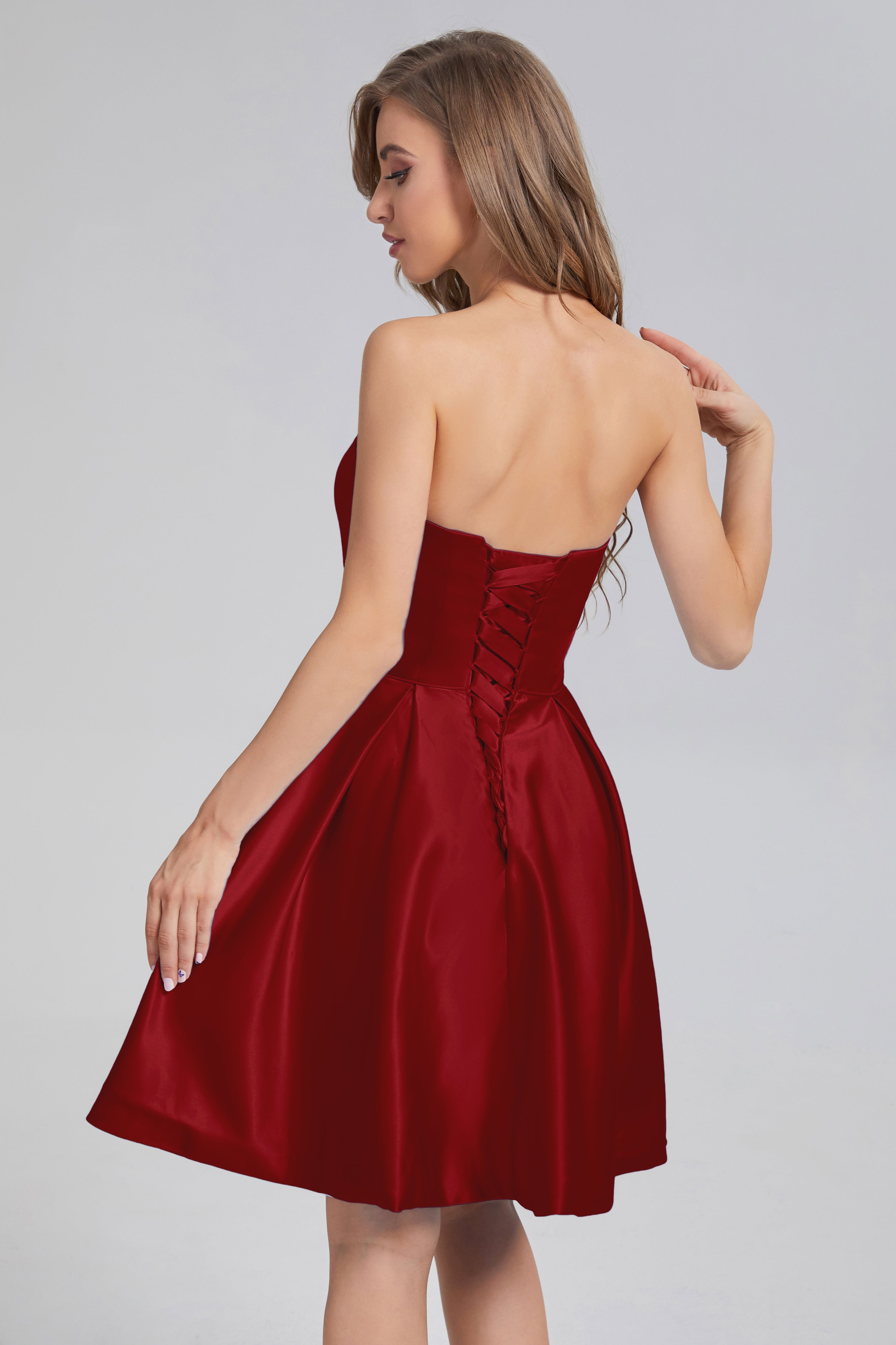 Strapless Lace up Short Prom Dresses with Pocket