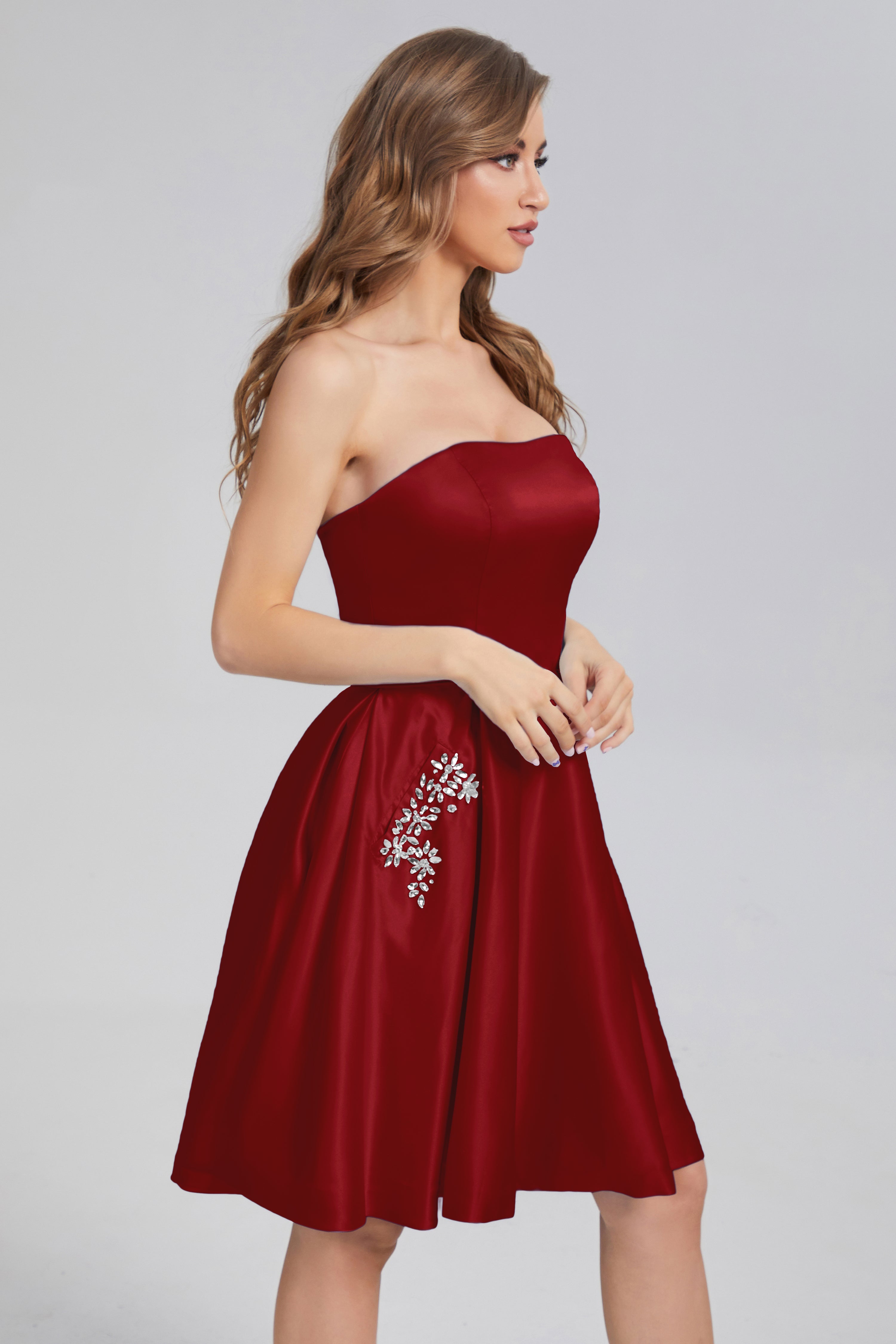 Strapless Lace up Short Prom Dresses with Pocket