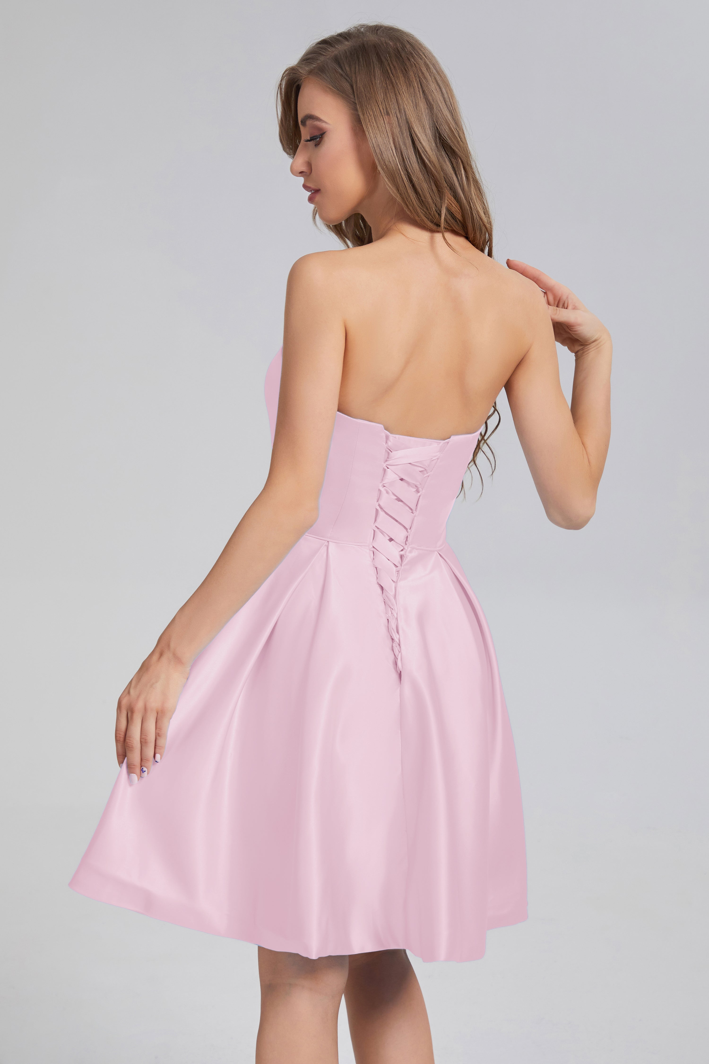 Strapless Lace up Short Prom Dresses with Pocket
