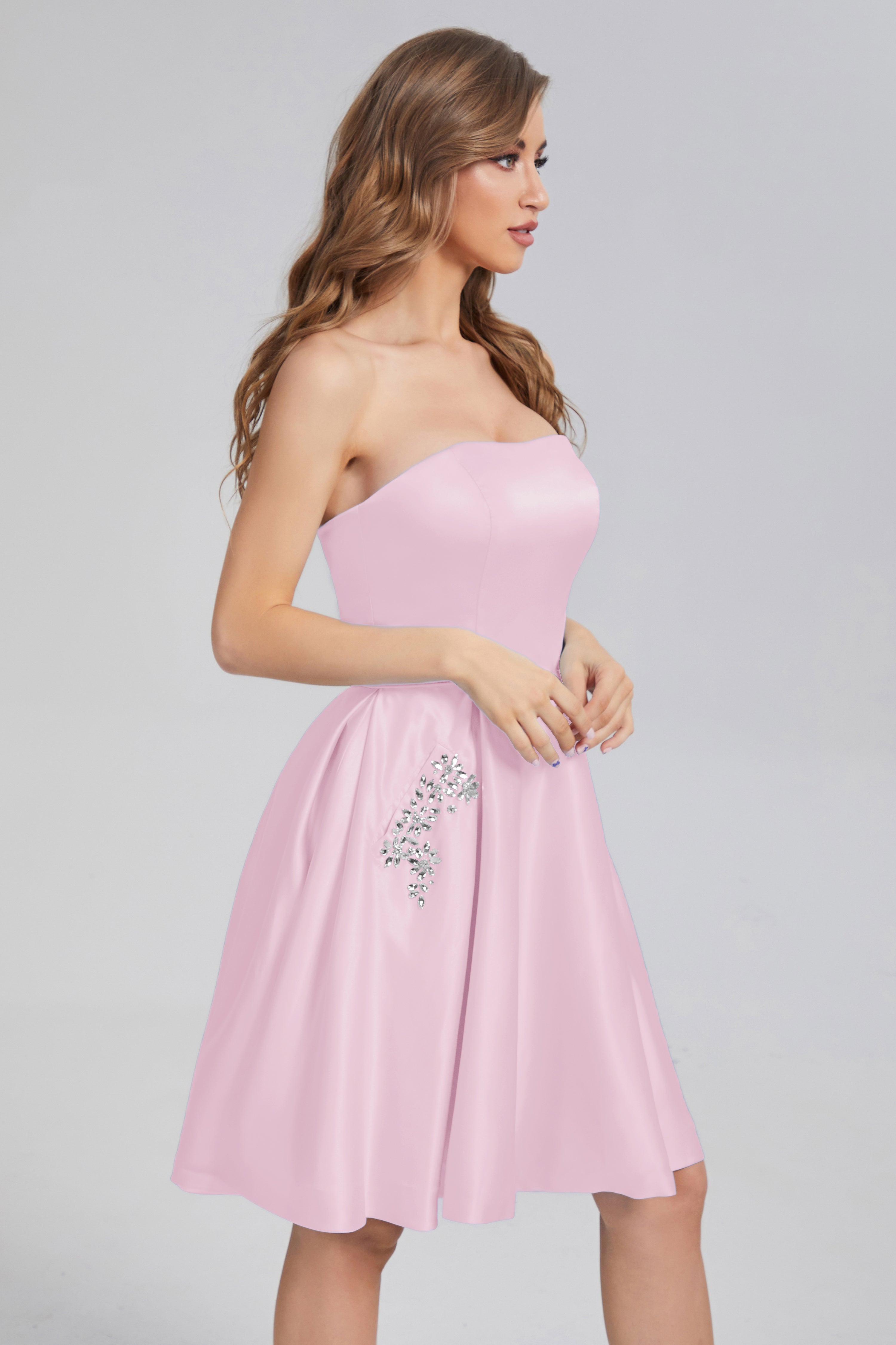 Strapless Lace up Short Prom Dresses with Pocket