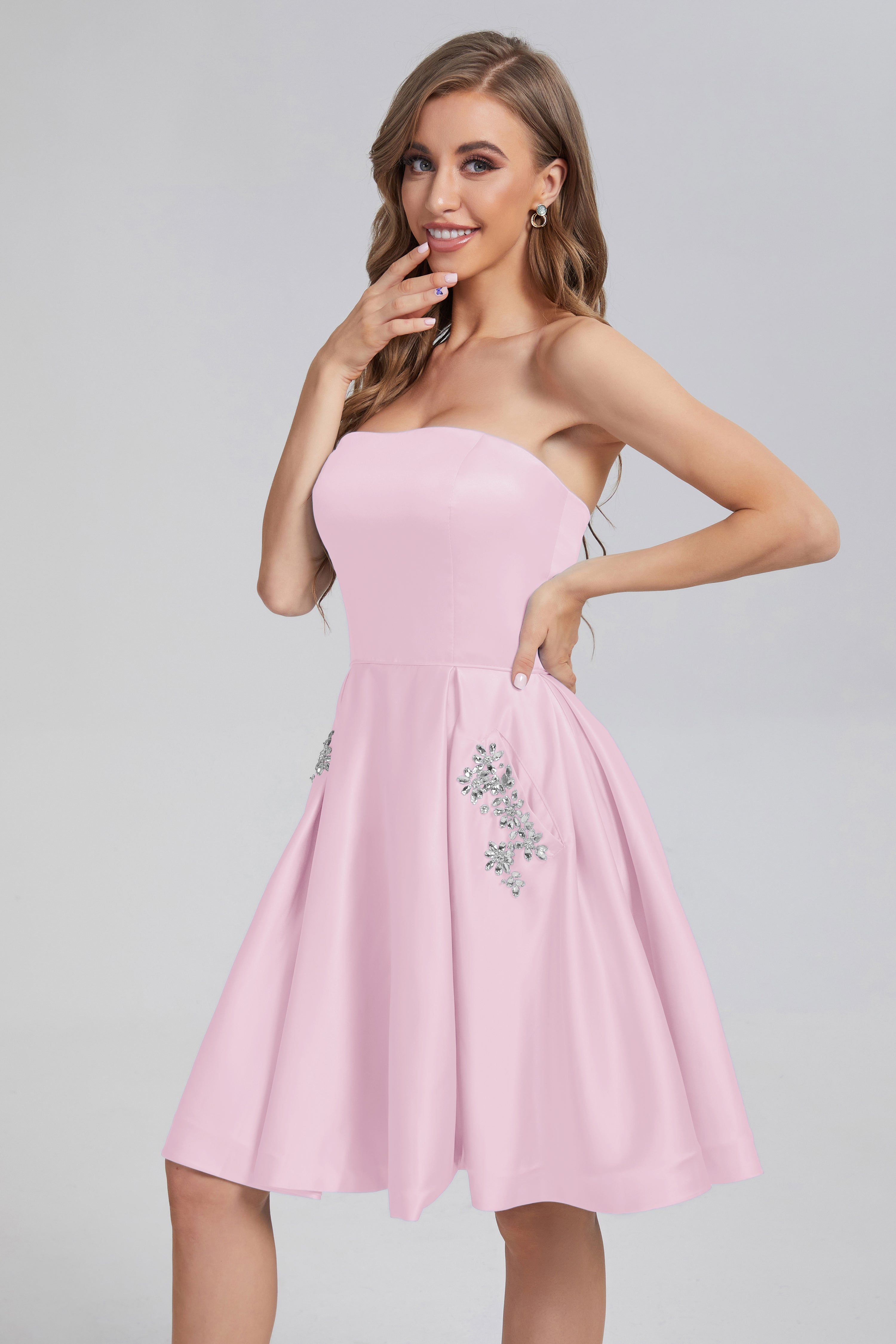 Strapless Lace up Short Prom Dresses with Pocket
