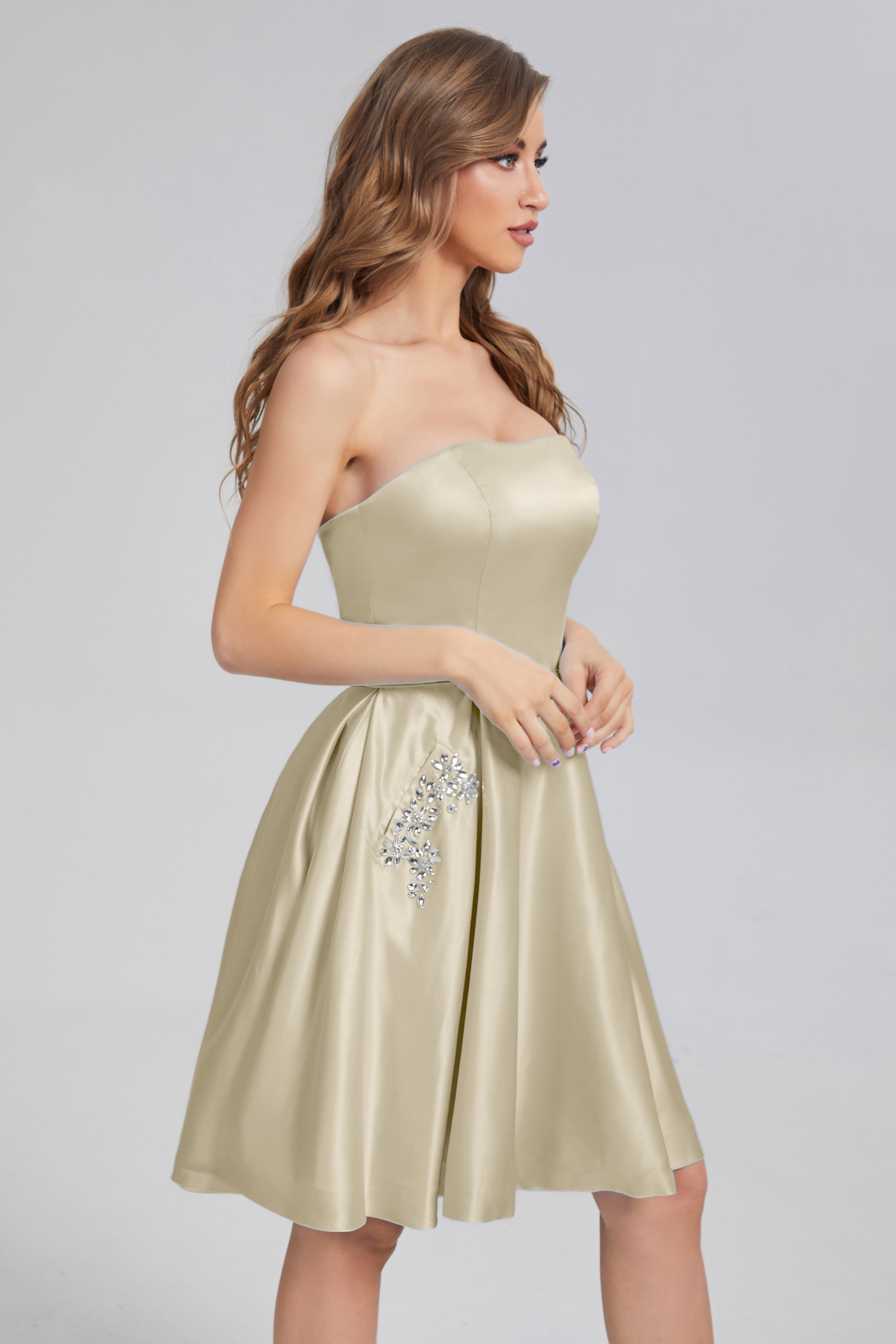 Strapless Lace up Short Prom Dresses with Pocket