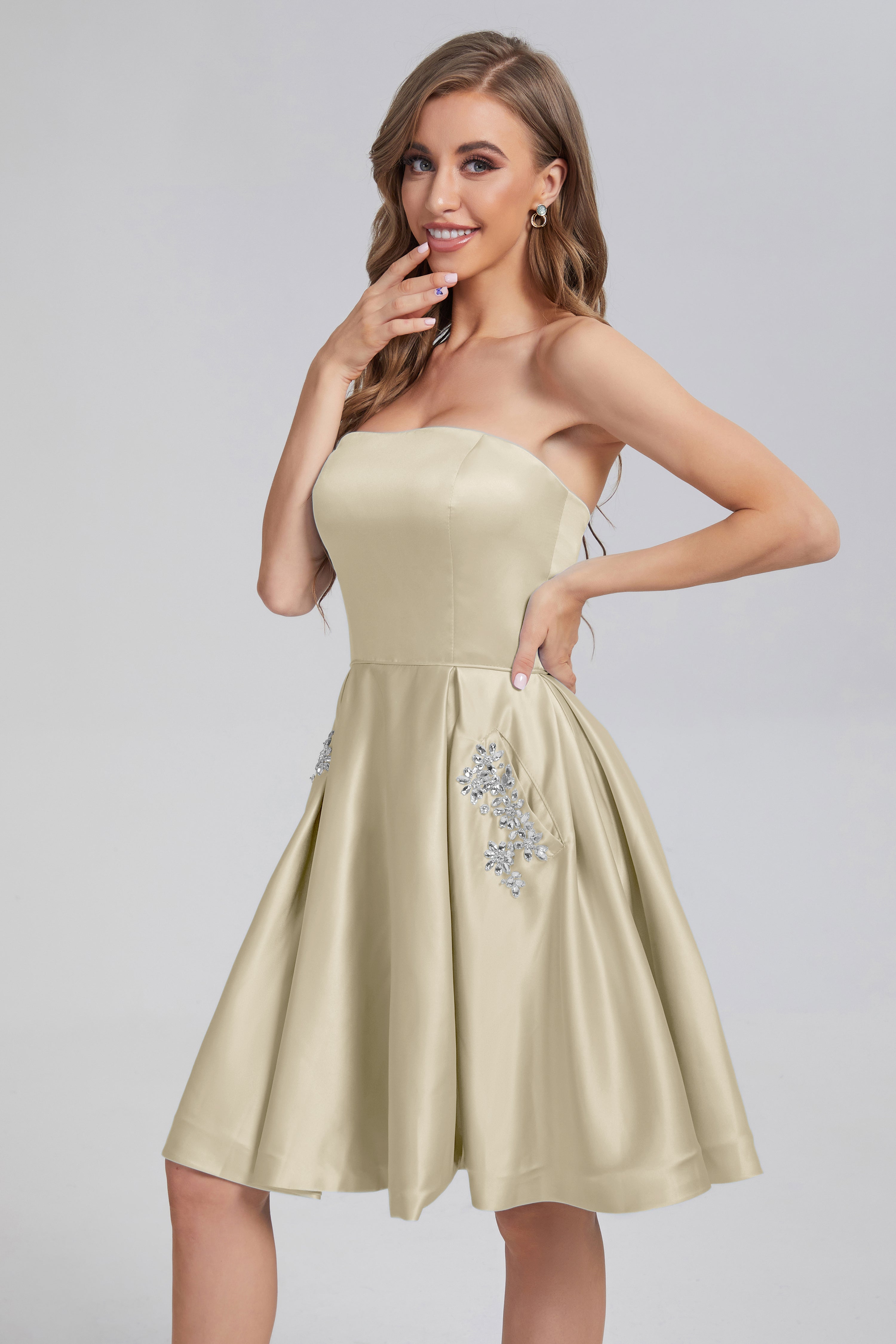 Strapless Lace up Short Prom Dresses with Pocket