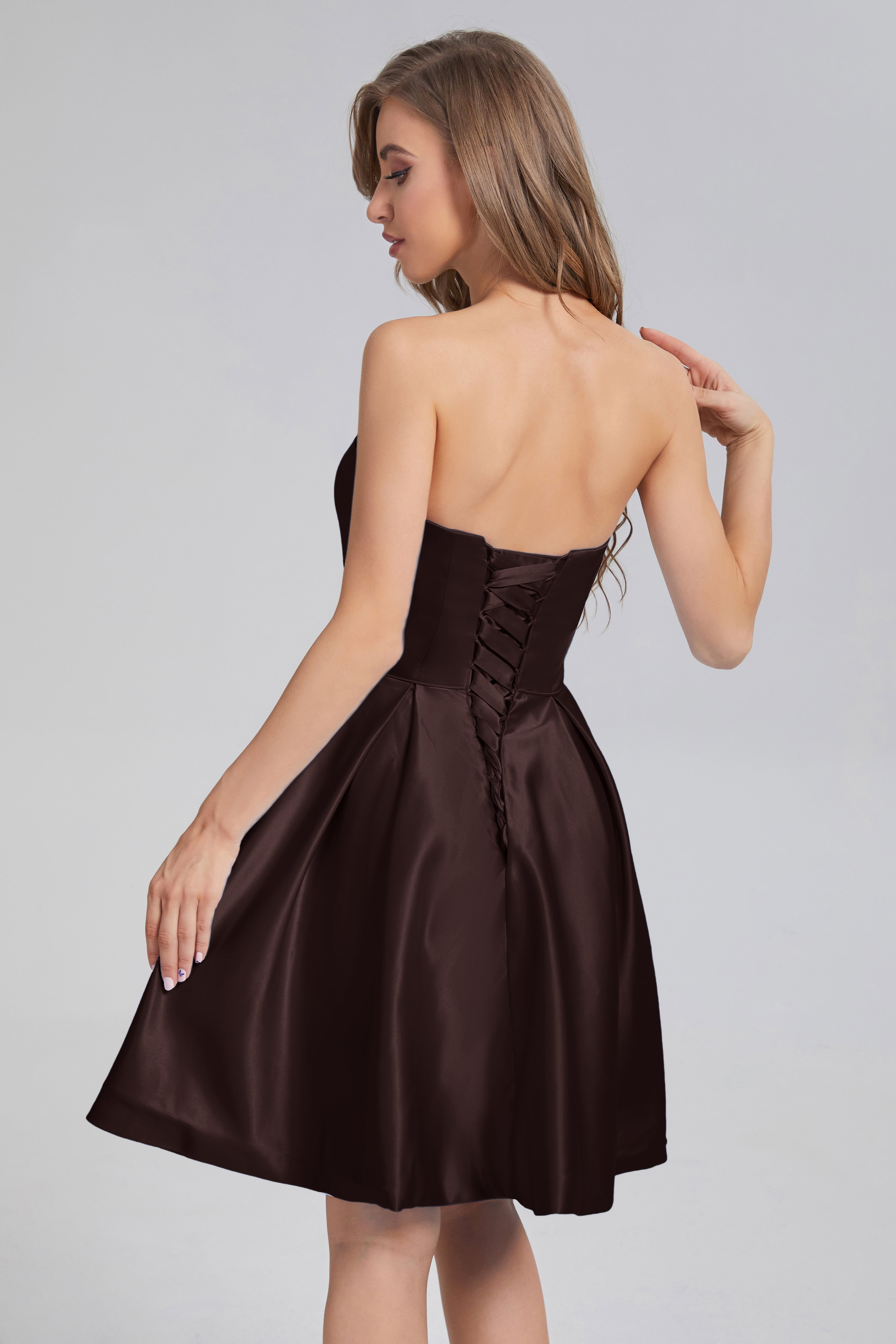 Strapless Lace up Short Prom Dresses with Pocket