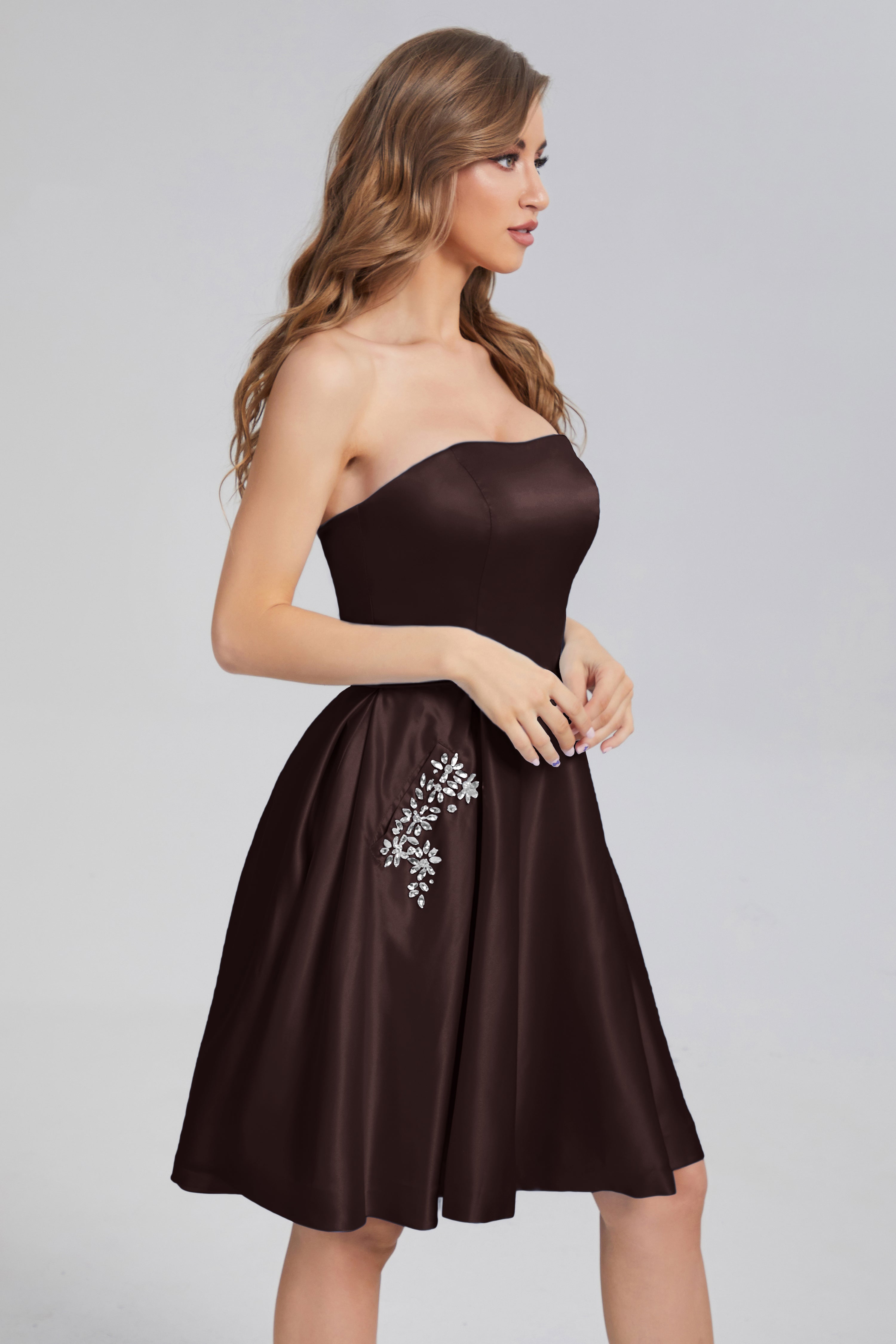 Strapless Lace up Short Prom Dresses with Pocket