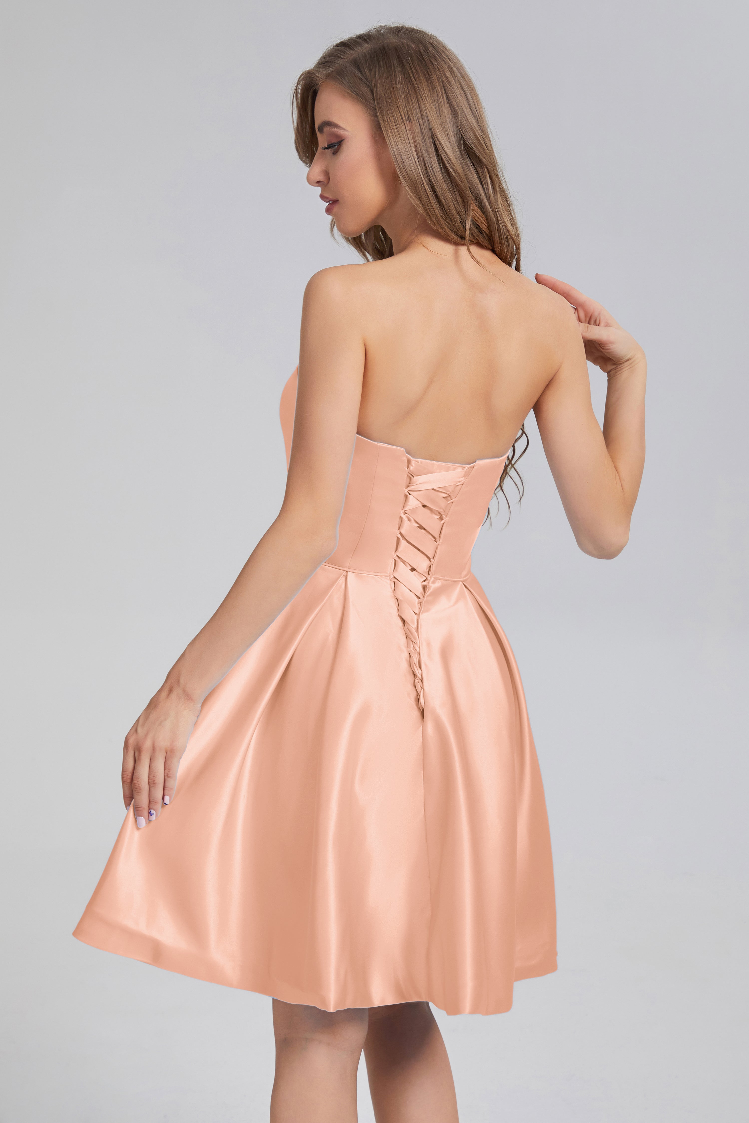Strapless Lace up Short Prom Dresses with Pocket