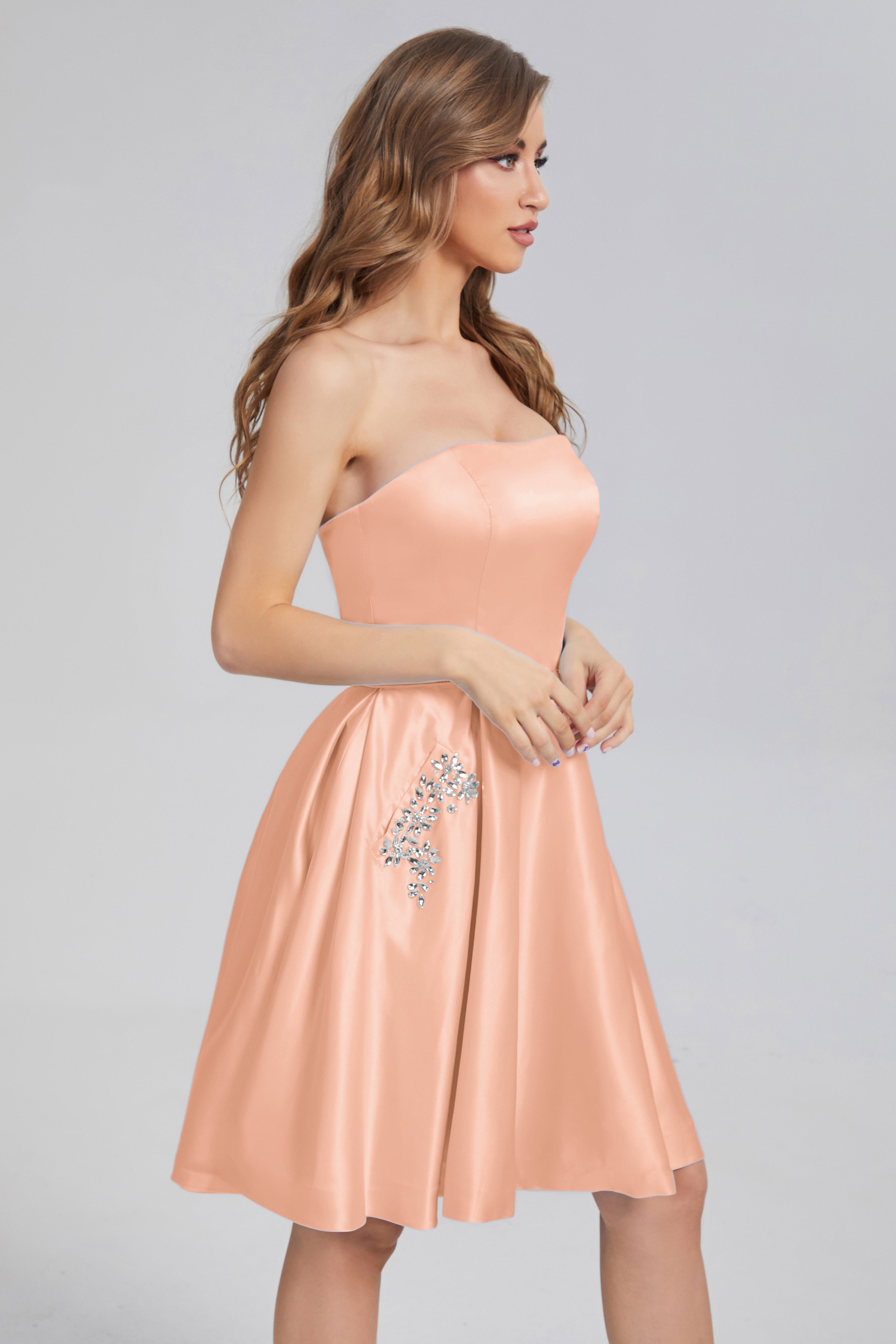 Strapless Lace up Short Prom Dresses with Pocket