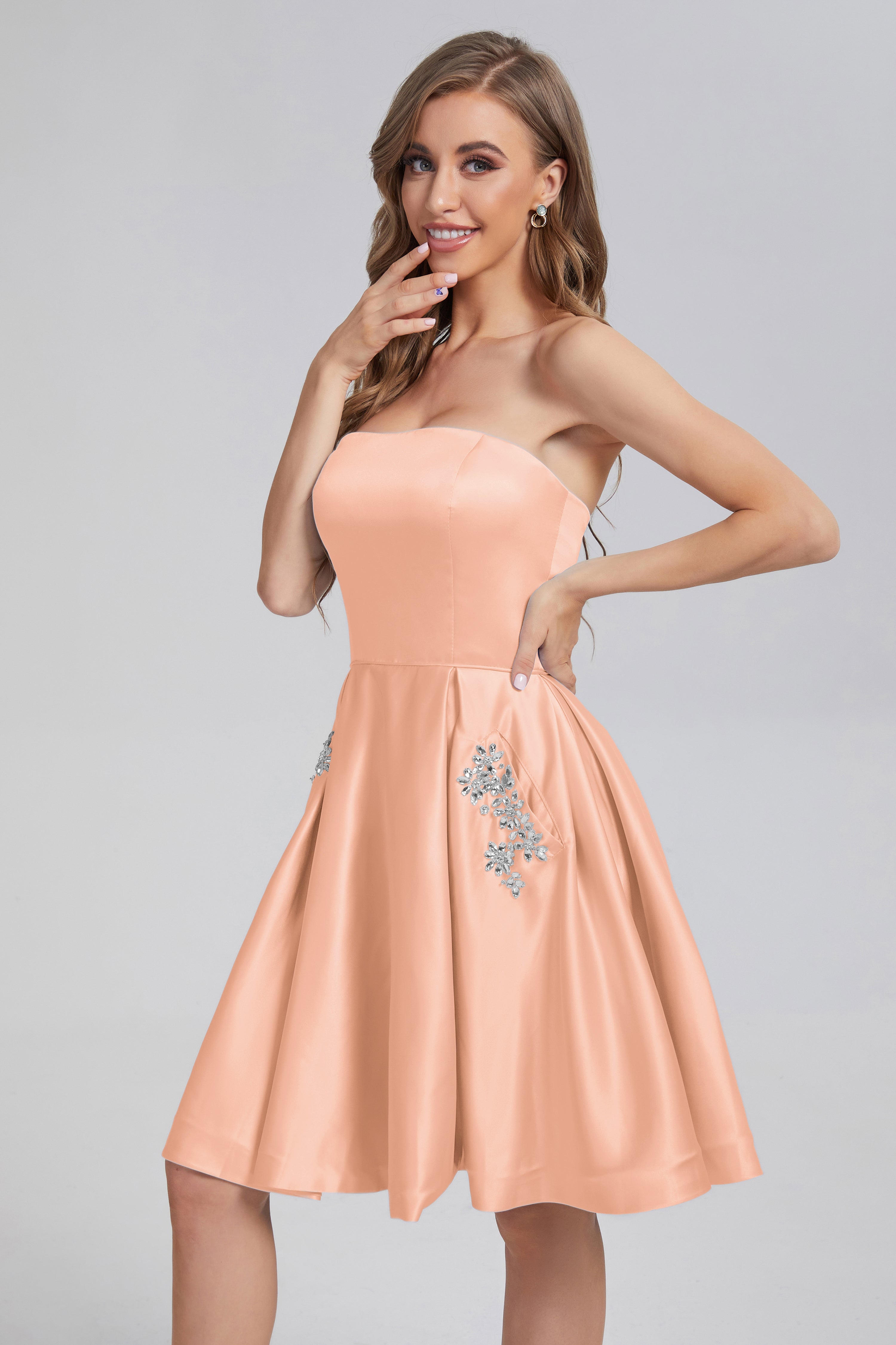 Strapless Lace up Short Prom Dresses with Pocket