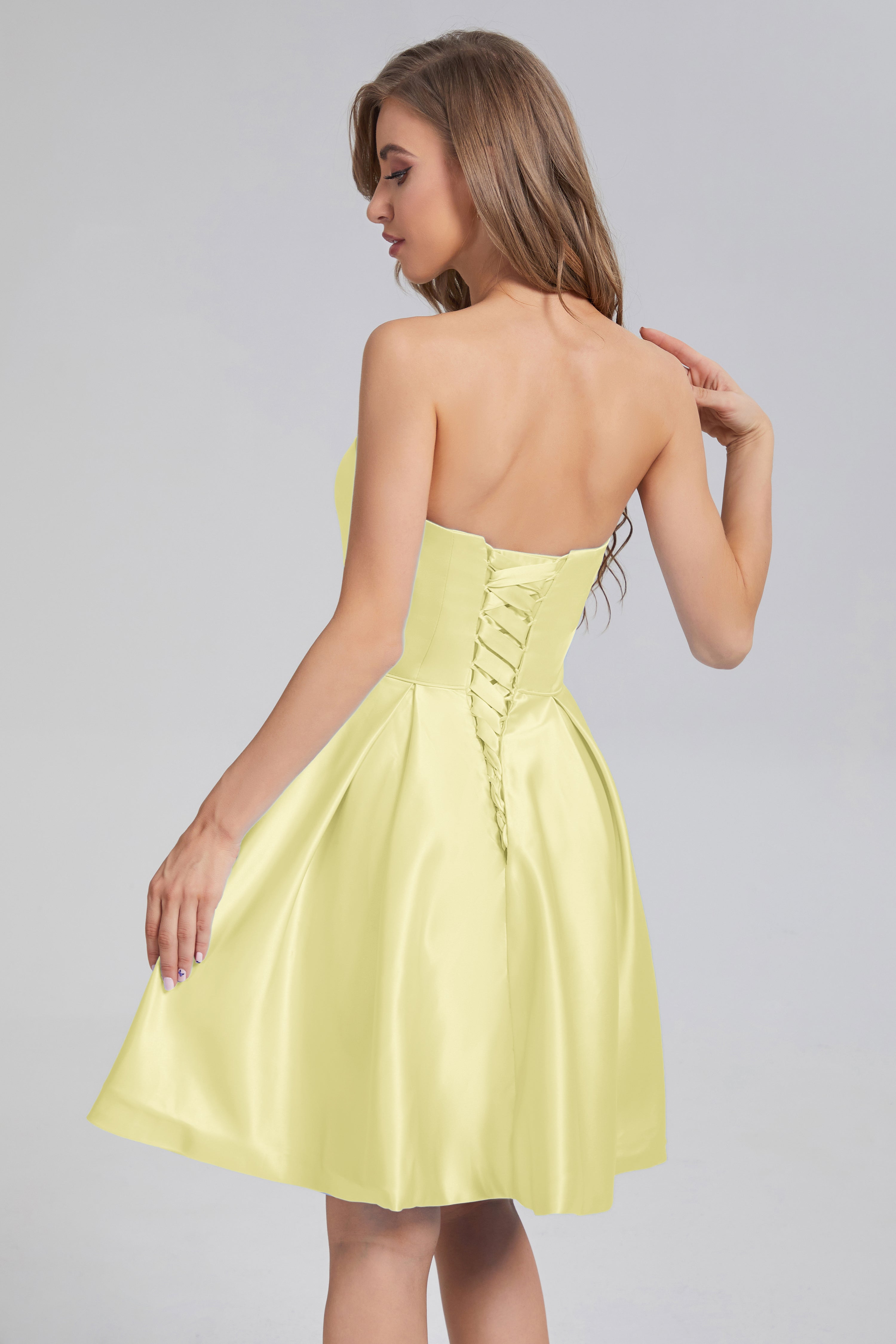 Strapless Lace up Short Prom Dresses with Pocket