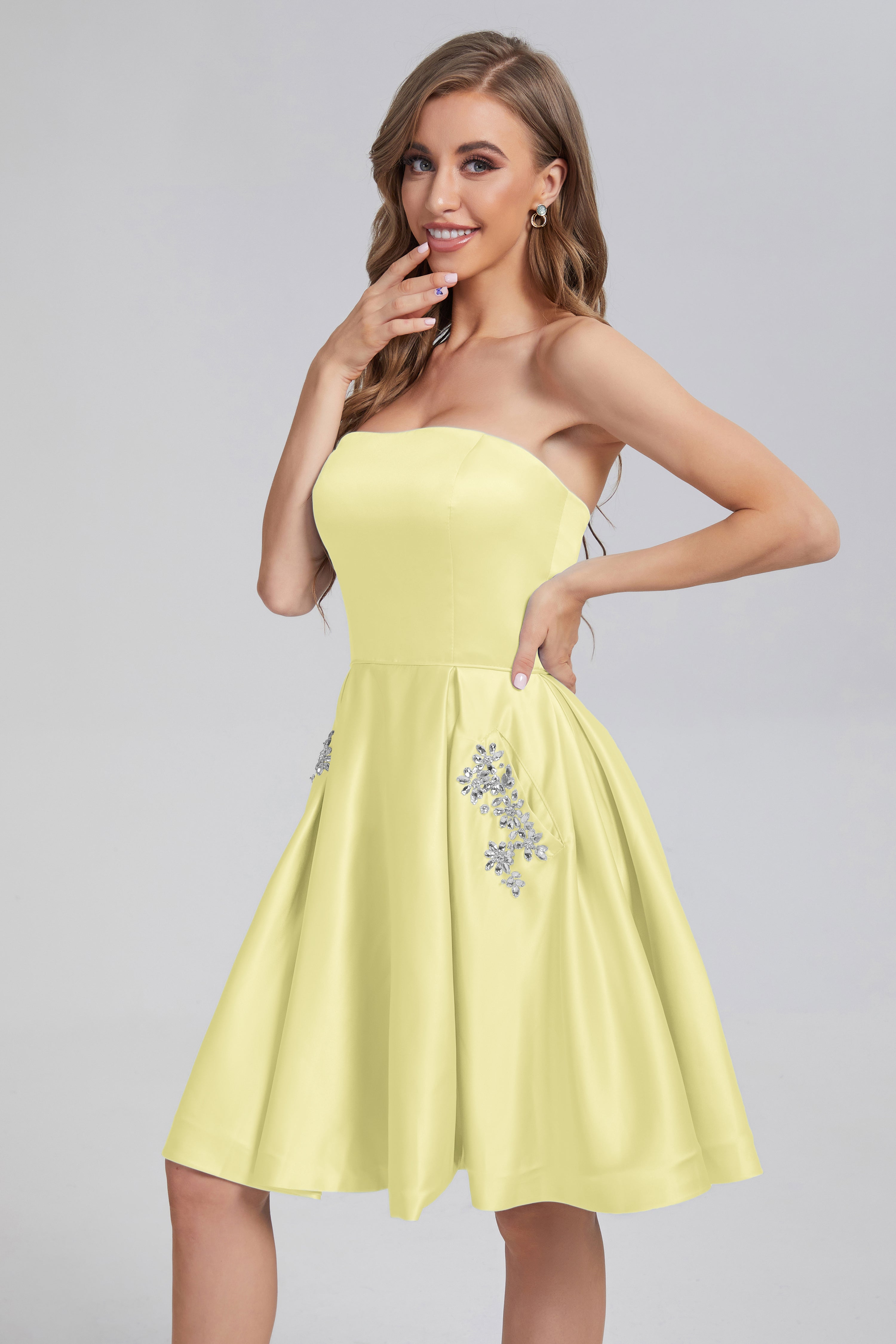 Strapless Lace up Short Prom Dresses with Pocket