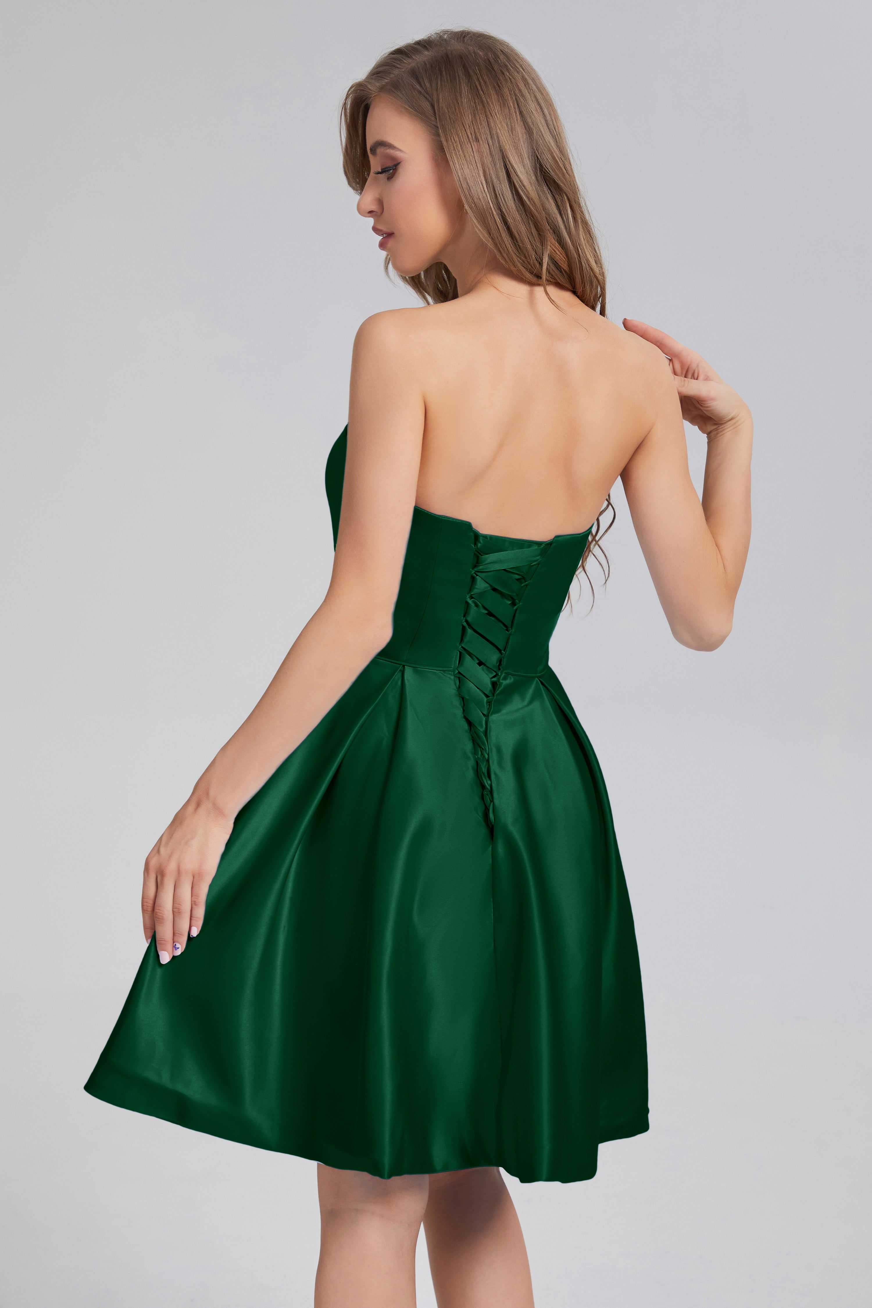 Strapless Lace up Short Prom Dresses with Pocket